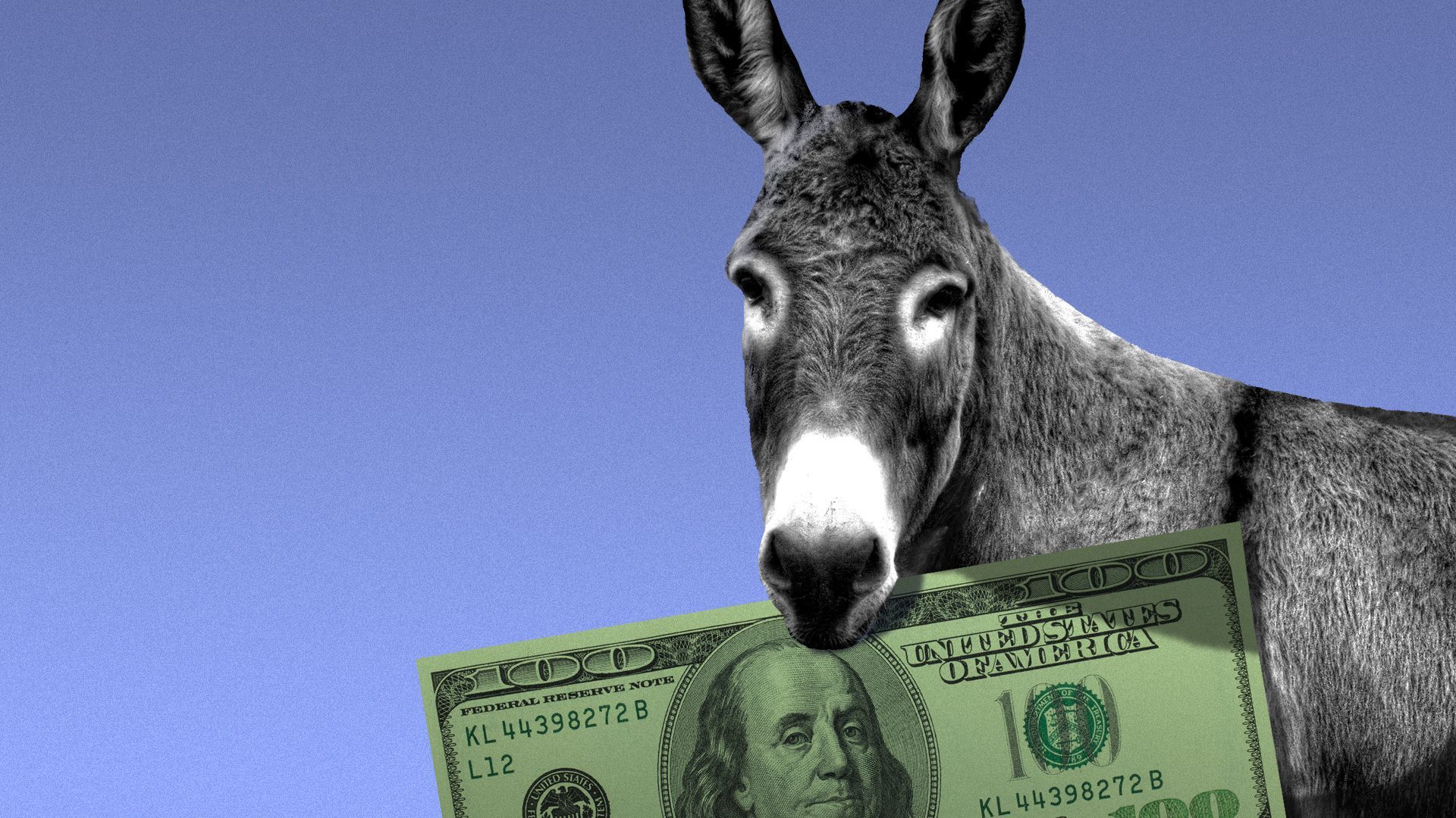 An illustration shows a donkey holding a $100 bill in its jaws.