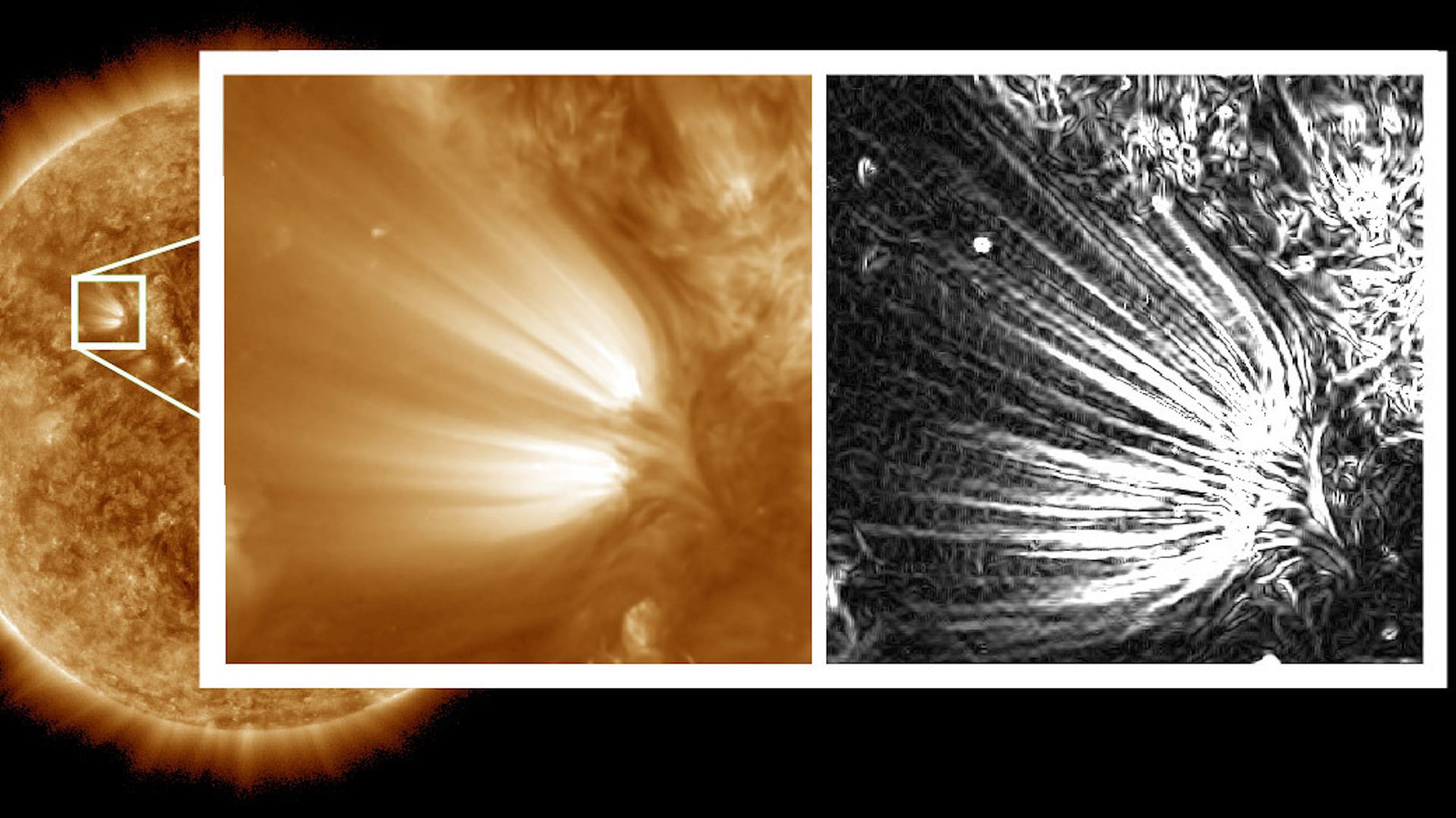 Small details shown on the Sun in an inset, one in gold, one in black and white. The details look like streams