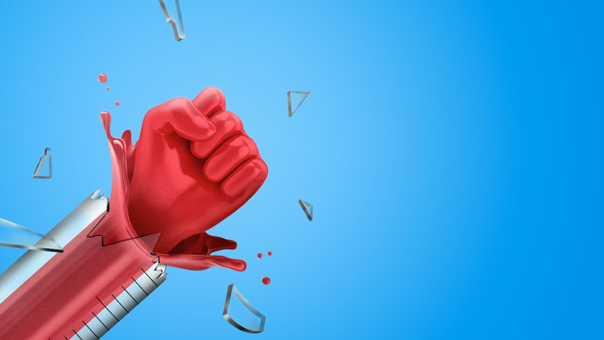Illustration of a fist made of mercury breaking out of a thermometer.