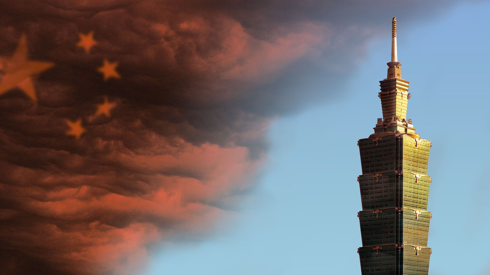 Illustration of the Taipei 101 building with a dark red cloud resembling the Chinese flag approaching