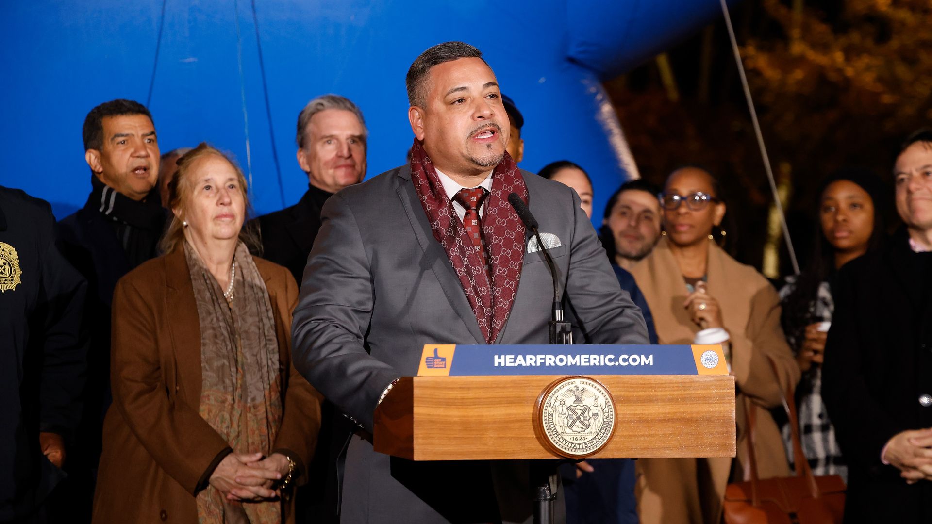dward A. Caban speaks during a press conference on the 2023 Macy's Thanksgiving Day Parade at Inflation Eve at American Museum of Natural History on November 22, 2023