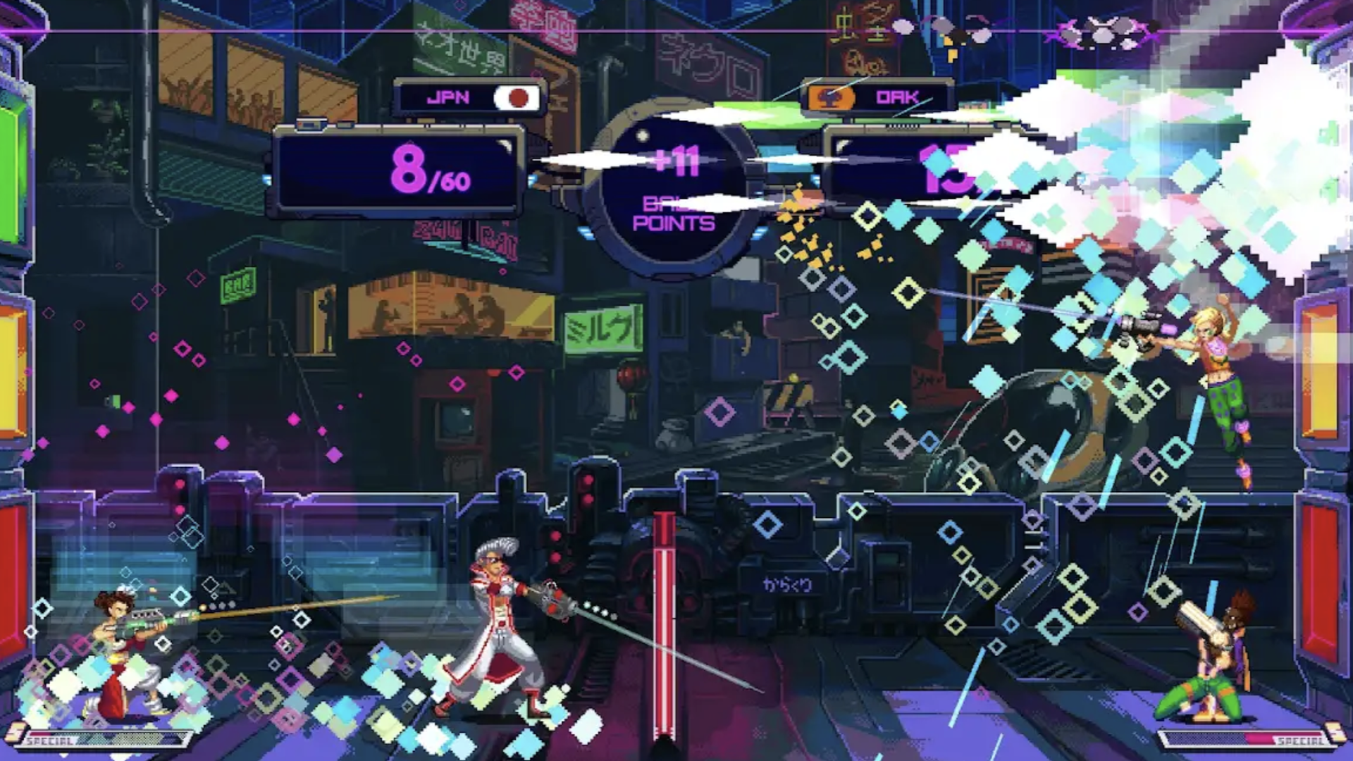 Video game screenshot of a futuristic video game in which people are using guns to play volleyball