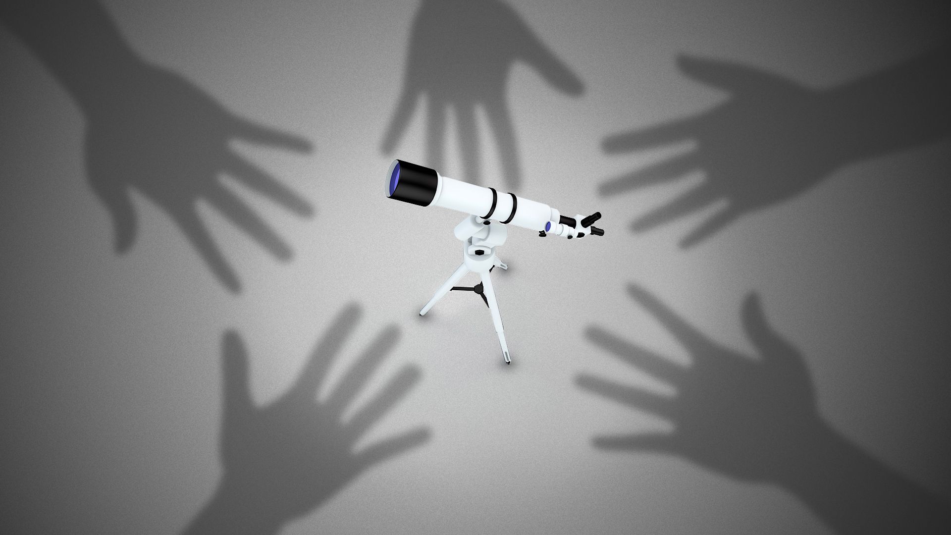 Illustration of a telescope from above with giant shadows of hands closing in around it.
