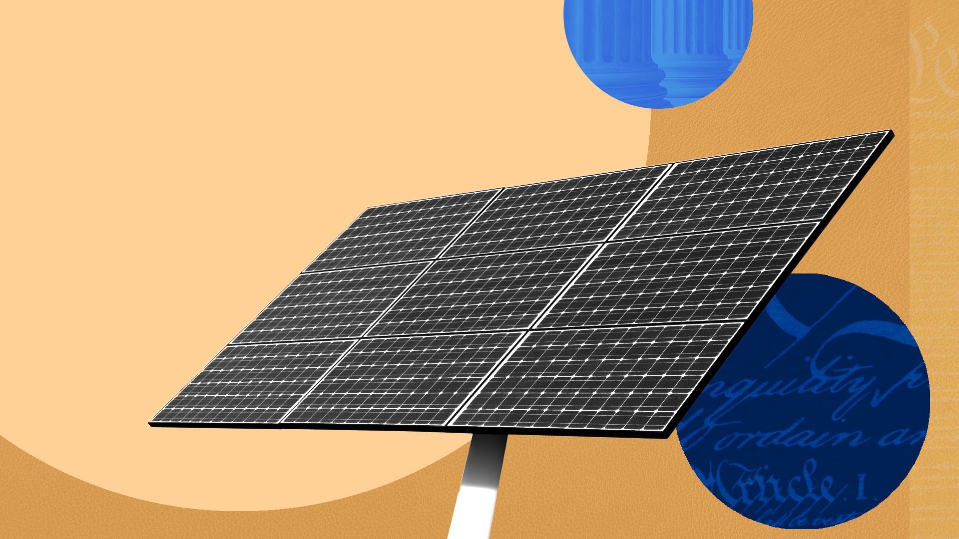 illustration of a solar panel surrounded by circles overlaid with legal text and columns
