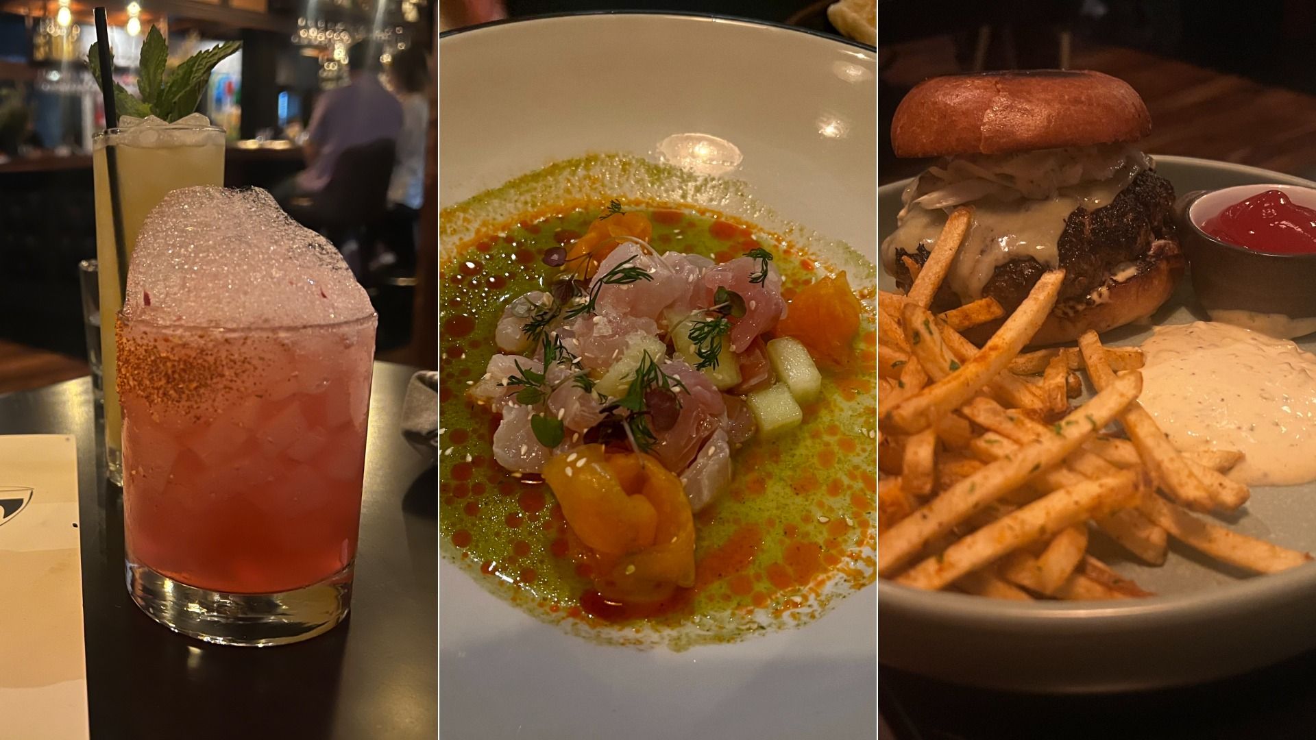 Triptych: left a pink cocktail with crushed ice and mint at a bar; center a colorful fish sashimi/ceviche with herbs on a bright sauce; right a cheeseburger with melted cheese, onions, fries, and ketchup.