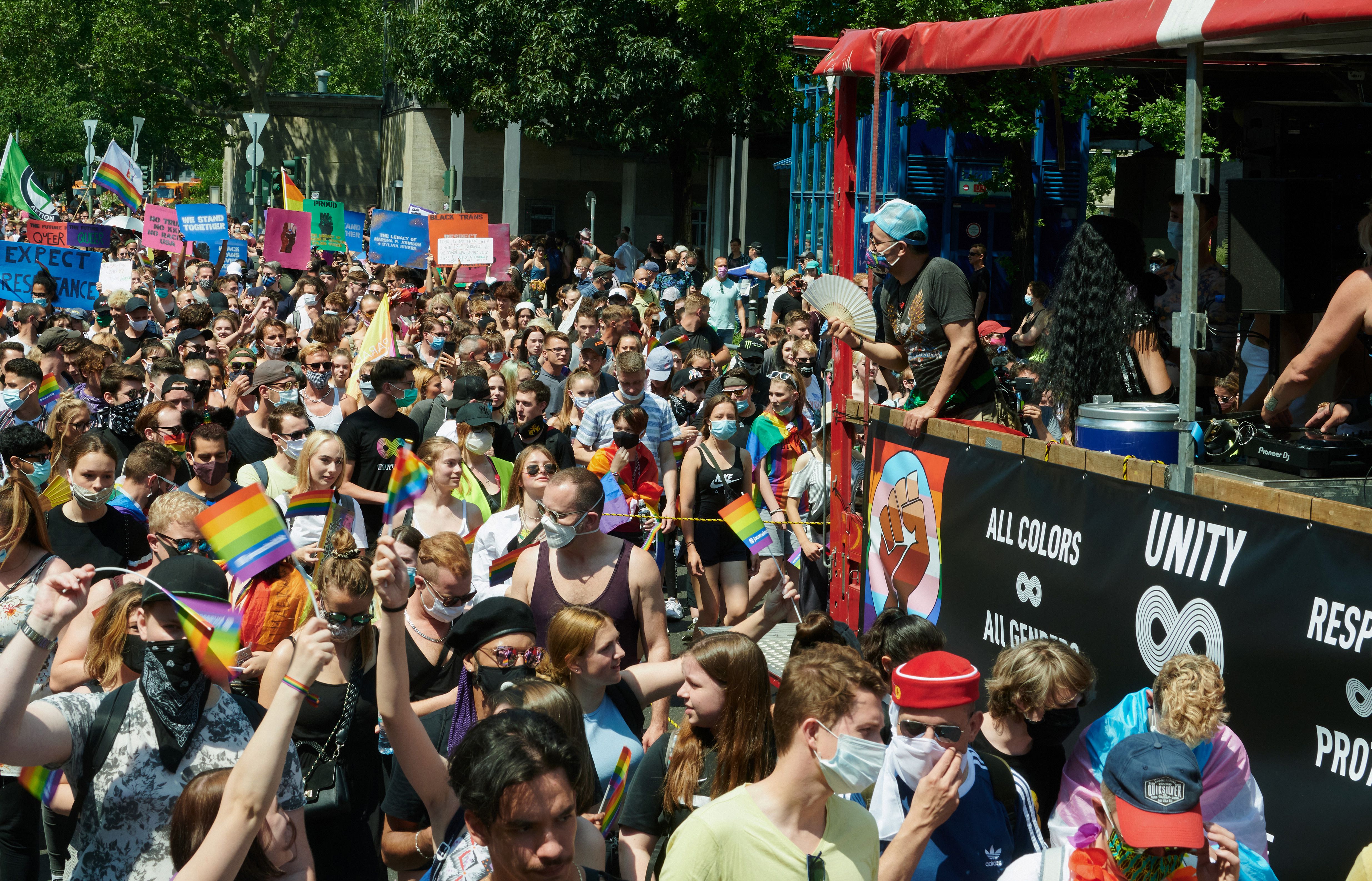 A demonstration procession of hundreds of gays, lesbians and transsexuals parade through Berlin