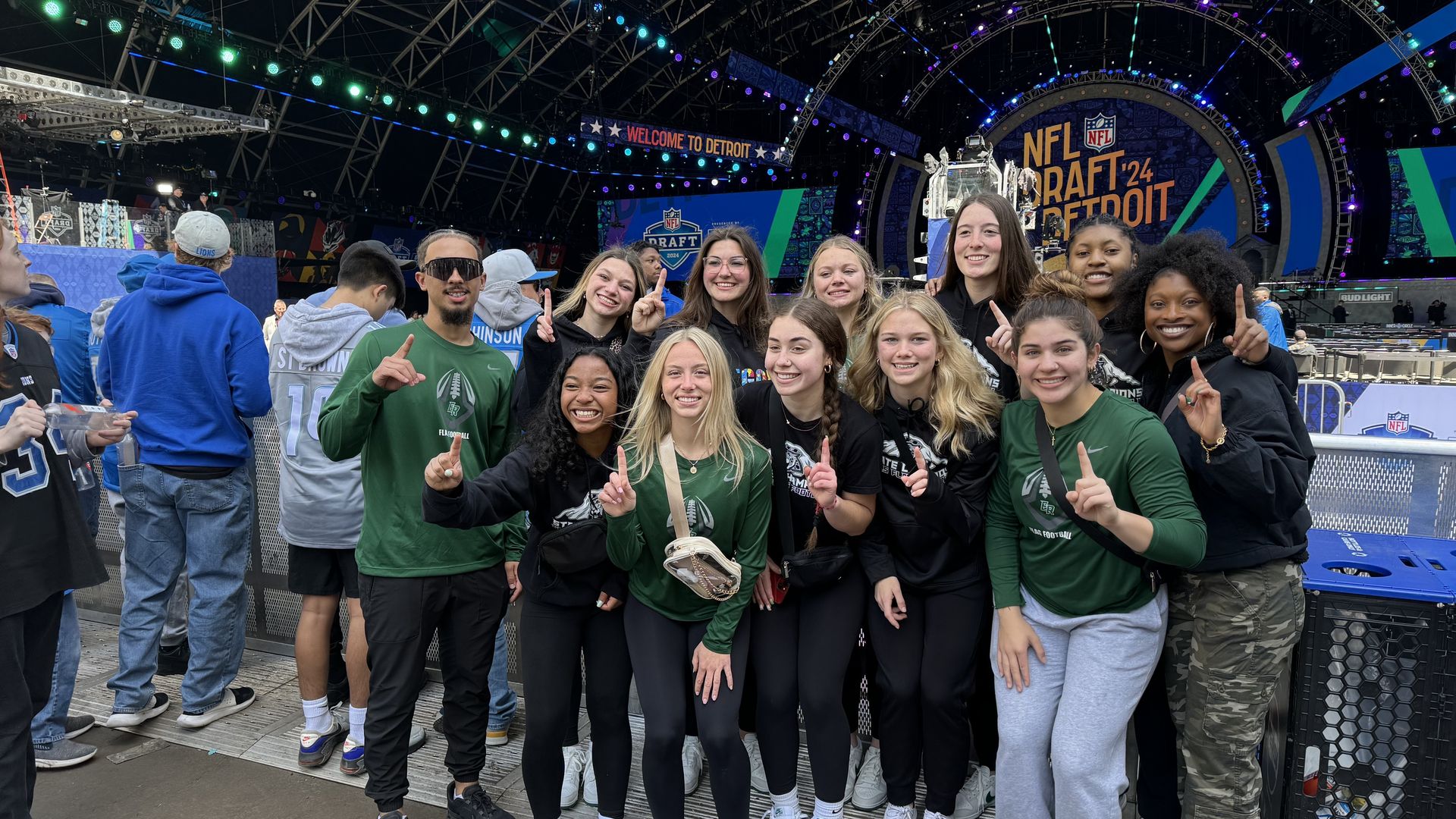 A girls flag football team from Washington state at the NFL draft at Seahawks invitation. 