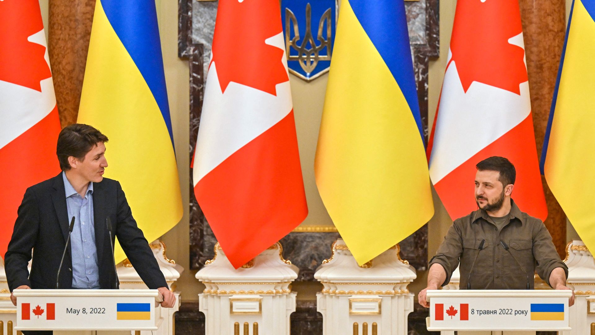 Canada Prime Minister Justin Trudeau is seen meeting with Ukraine President Volodymyr Zelensky in Kyiv.