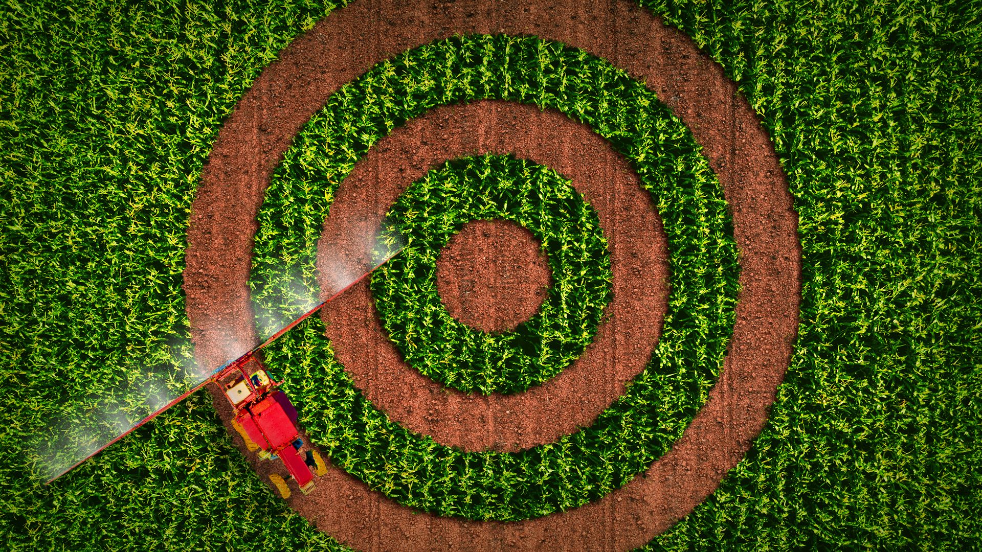 Illustration of a field making a target symbol, with a tractor spraying herbicides/pesticides.
