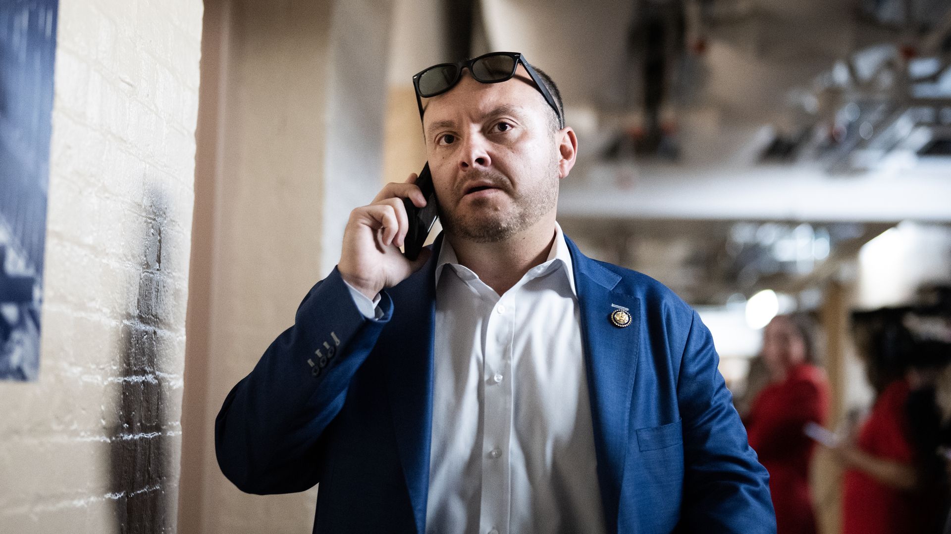 Rep. Andrew Garbarino, R-N.Y., makes his way to a House Republican Conference on May 20. Photo by Tom Williams/CQ-Roll Call, Inc via Getty Images
