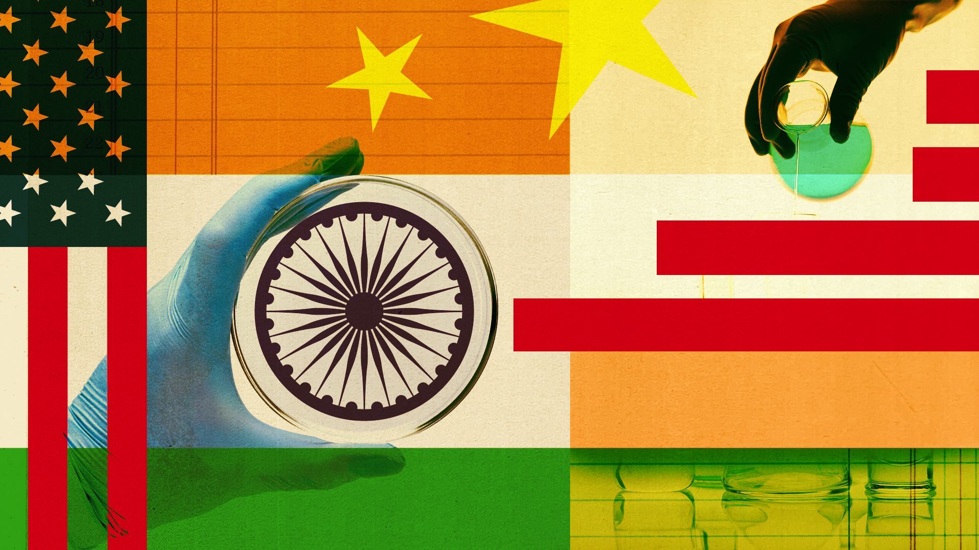 Illustration of a collage of hands holding flasks and petri dishes, India's flag, and the US flag.