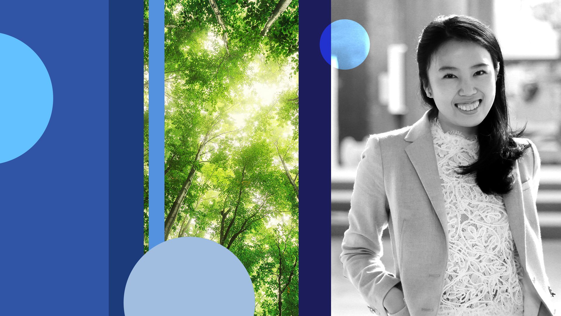 Photo illustration of Bee Hui Yeh with an image of trees and abstract shapes.