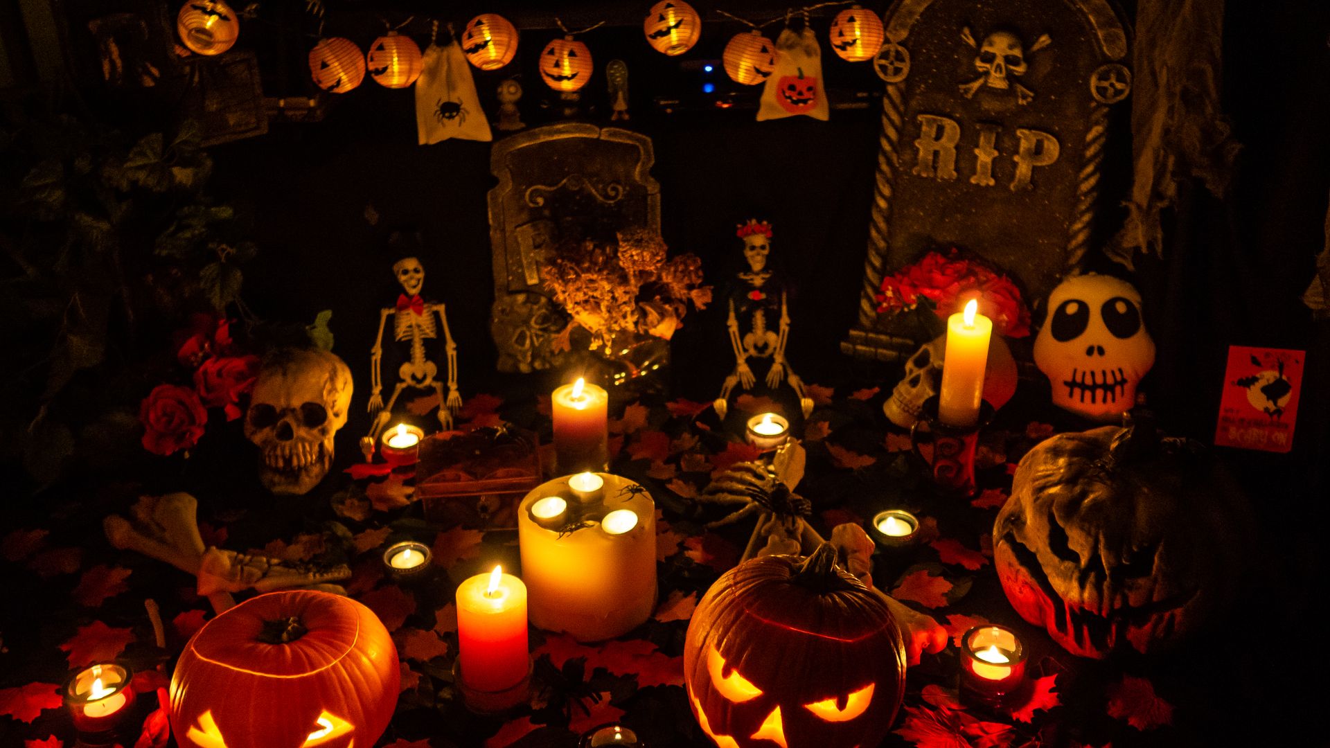 Pumpkins carved for Halloween sit in a living room in Nijmegen, Netherlands. 