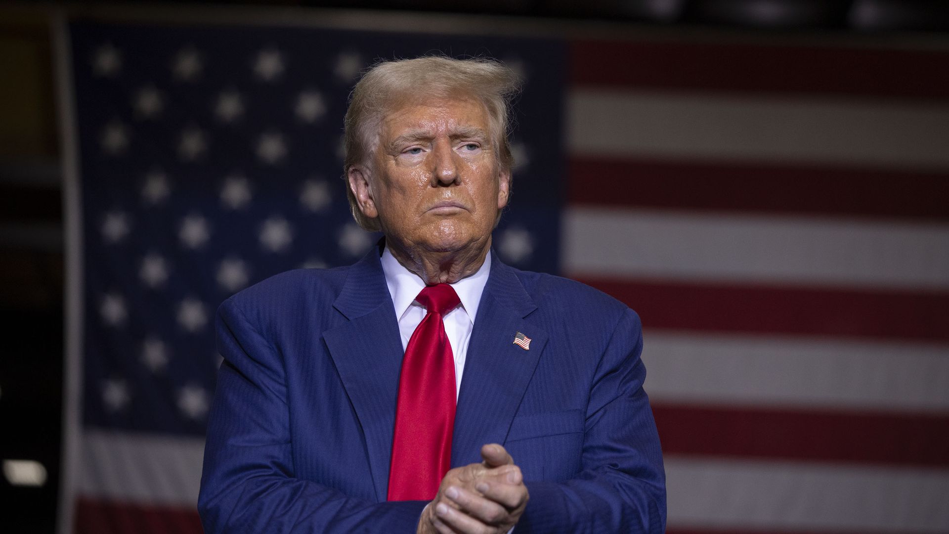 Trump speaks about the economy, inflation, and manufacturing during a campaign event at Alro Steel on August 29, 2024 in Potterville, Michigan. Michigan is considered a key battleground state in the upcoming November Presidential election. (Photo by Bill Pugliano/Getty Images)