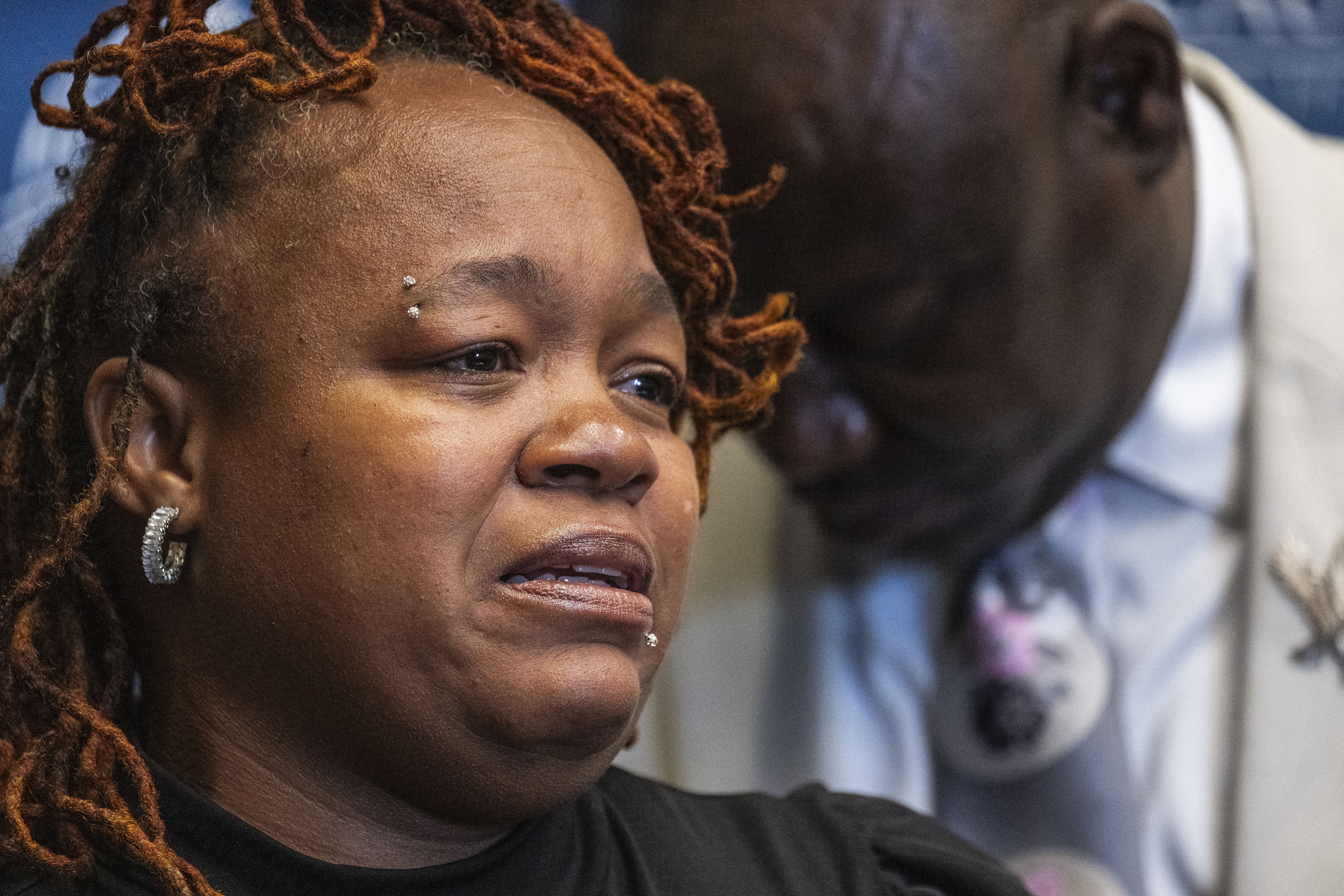 Breonna Taylor's mother, Tamika Palmer, cries while addressing a "Police Violence and Reform" press conference by the Congressional Black Caucus in Washington, DC, on September 13, 2024.