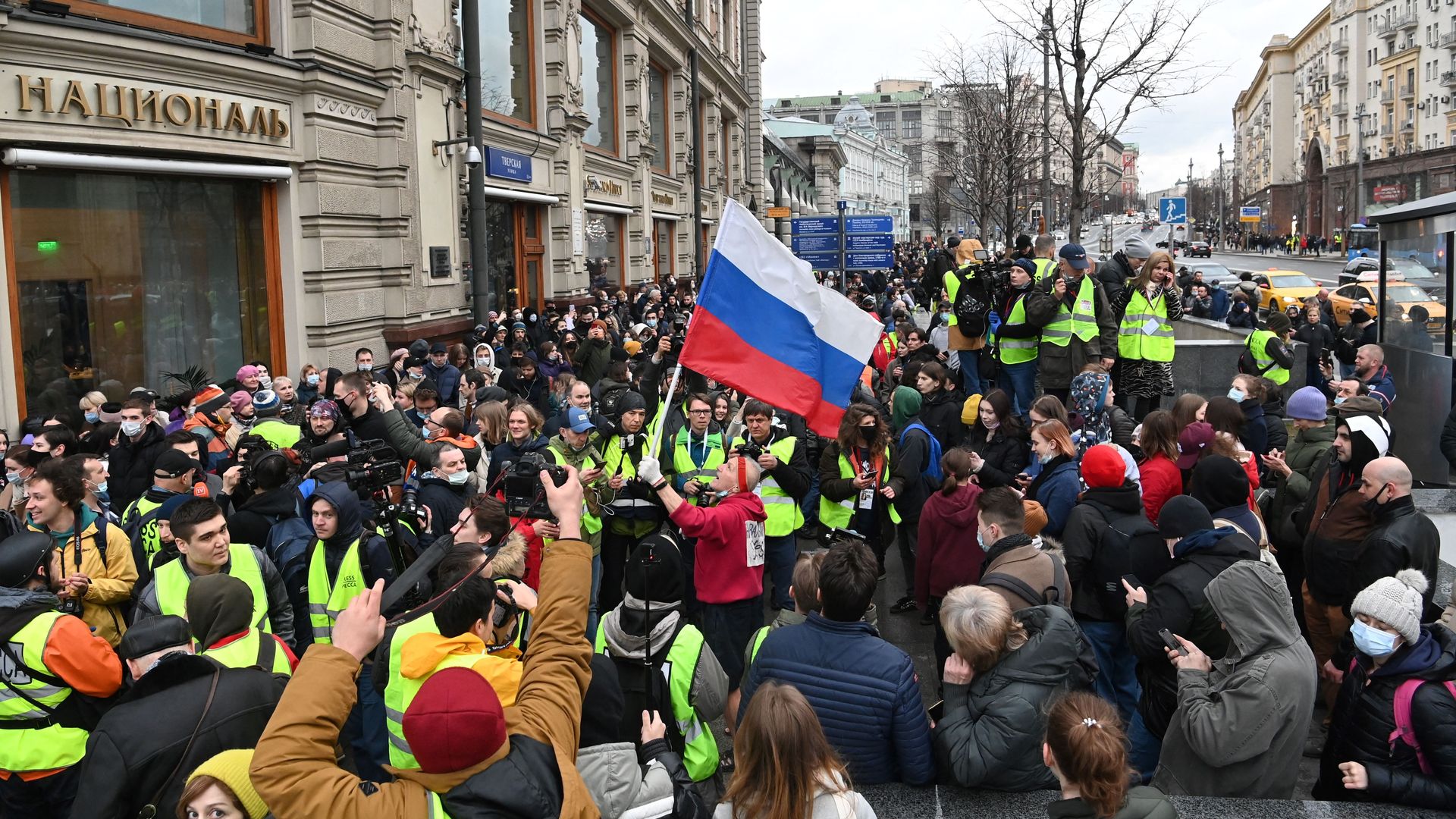 Opposition supporters attend a rally in support of jailed Kremlin critic Alexei Navalny, in central Moscow on April 21