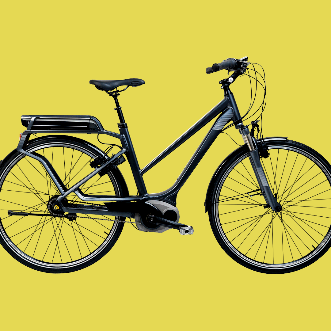 Animated illustration of an ebike with electricity lines emitting from the center. 