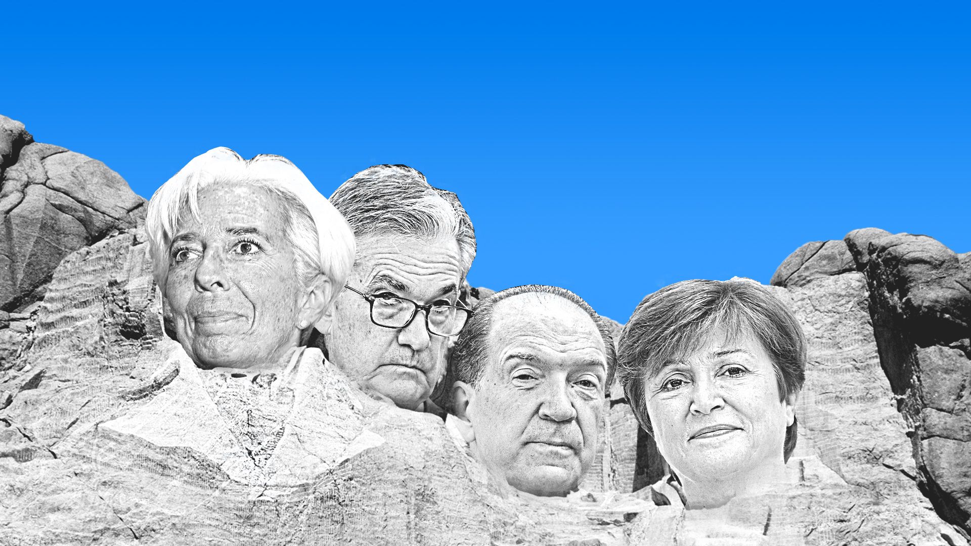Illustration of the faces of Christine Lagarde, Jerome Powell, David Malpass and Kristalina Georgieva carved into a mountain.