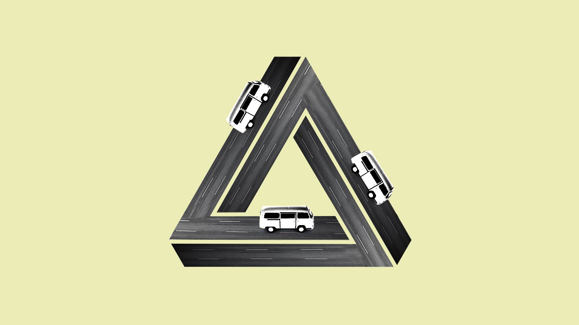 image of a triangle puzzle with buses on each side