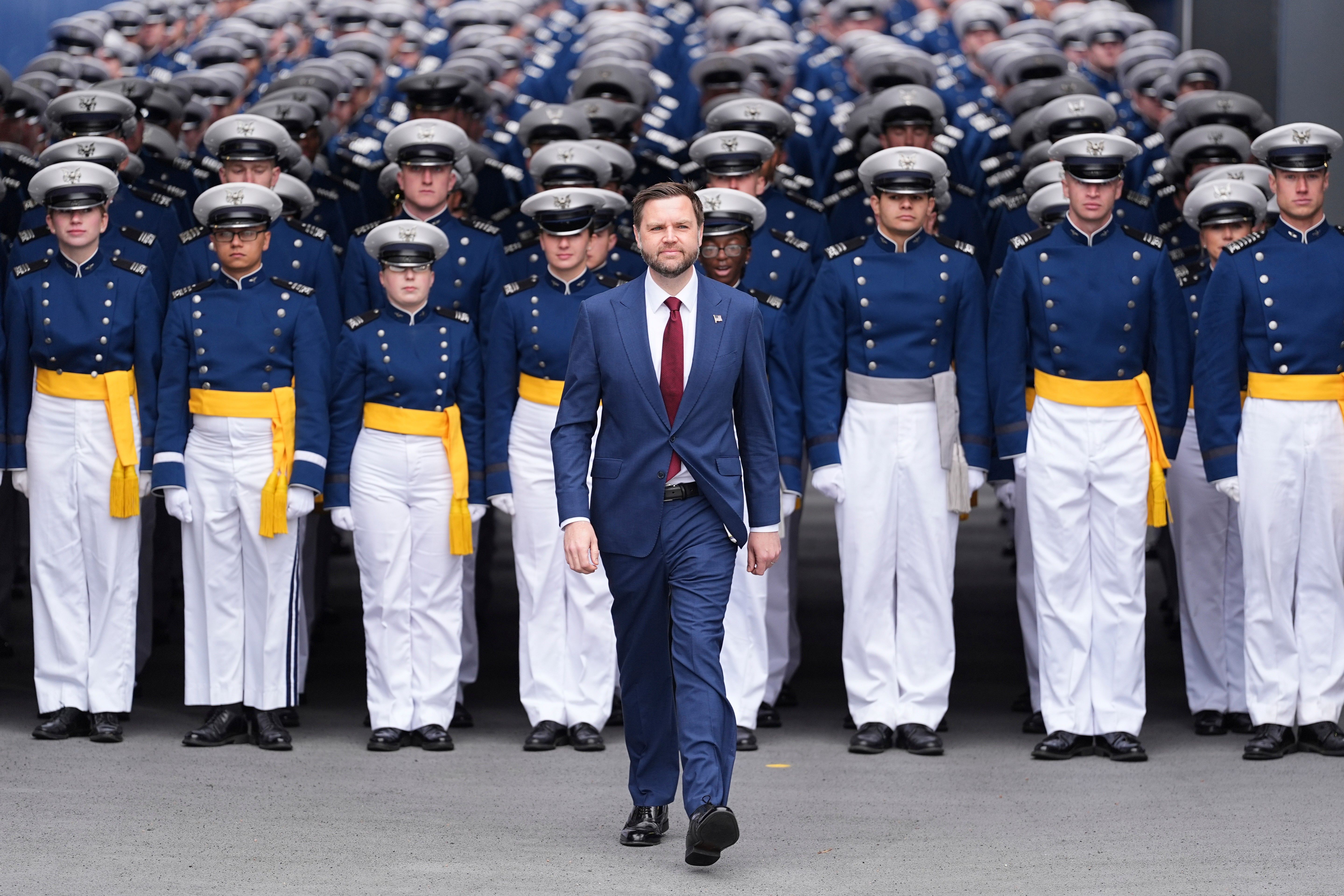 Vice President JD Vance arrives to speak during the United States Air Force Academy Graduation Ceremony at Falcon Stadium, Thursday, May 28, 2026, at the United States Air Force Academy in Colorado Springs, Colo. (AP Photo/Matt Rourke, Pool)