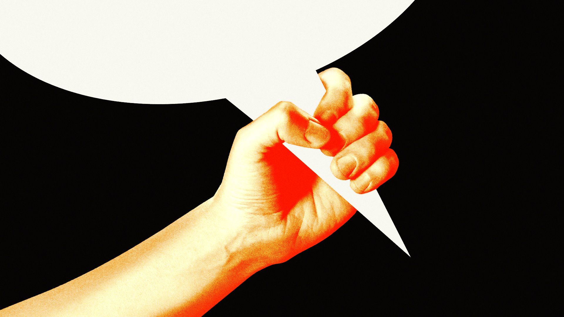 Illustration of a hand holding the tail of a speech balloon as a dagger.