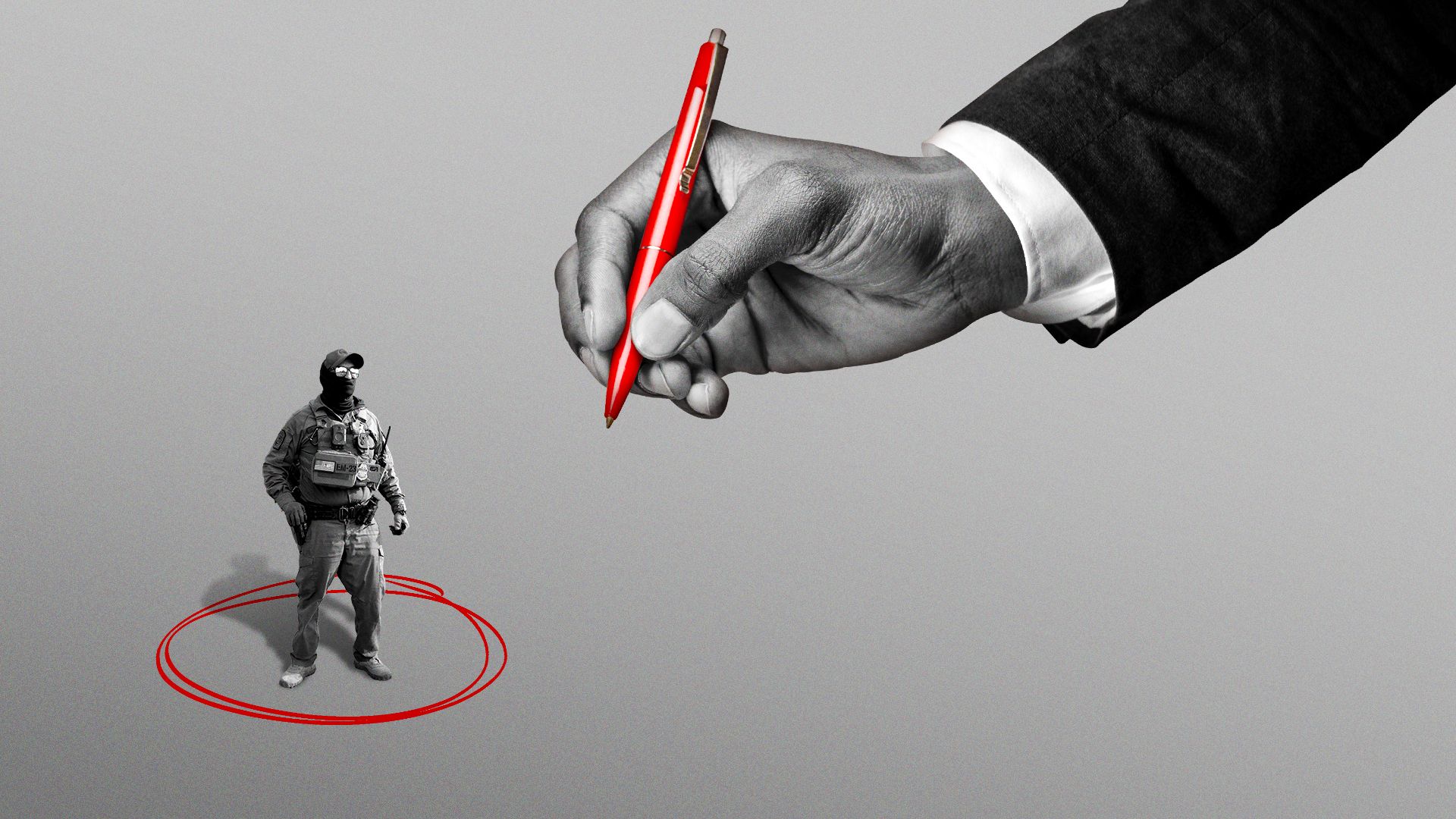 Illustration of a hand holding a red pen, drawing a circle around an ICE agent.