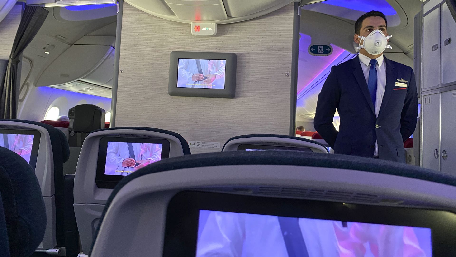 LATAM air attendants use protective gear. 