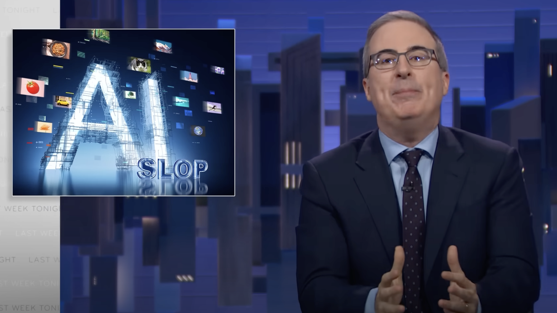 John Oliver discussing "AI slop" on his HBO show, "Last Week Tonight"