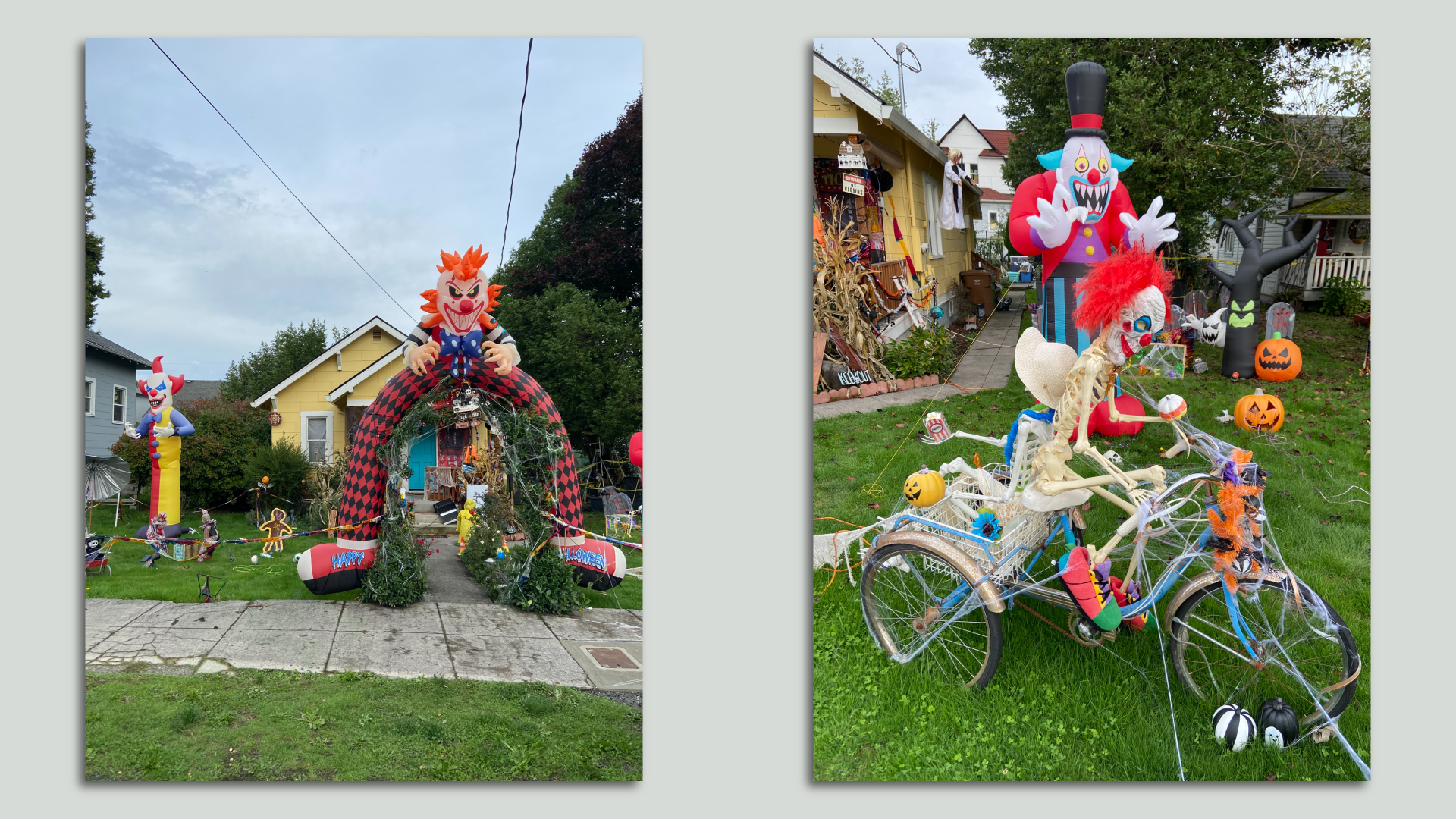 The photo on the left shows a giant blow up clown with his legs making an arch over the pathway to a small yellow house. The photo on the right shows a skeleton riding a bike while wearing a clown mask, and a scary blow up clown behind.