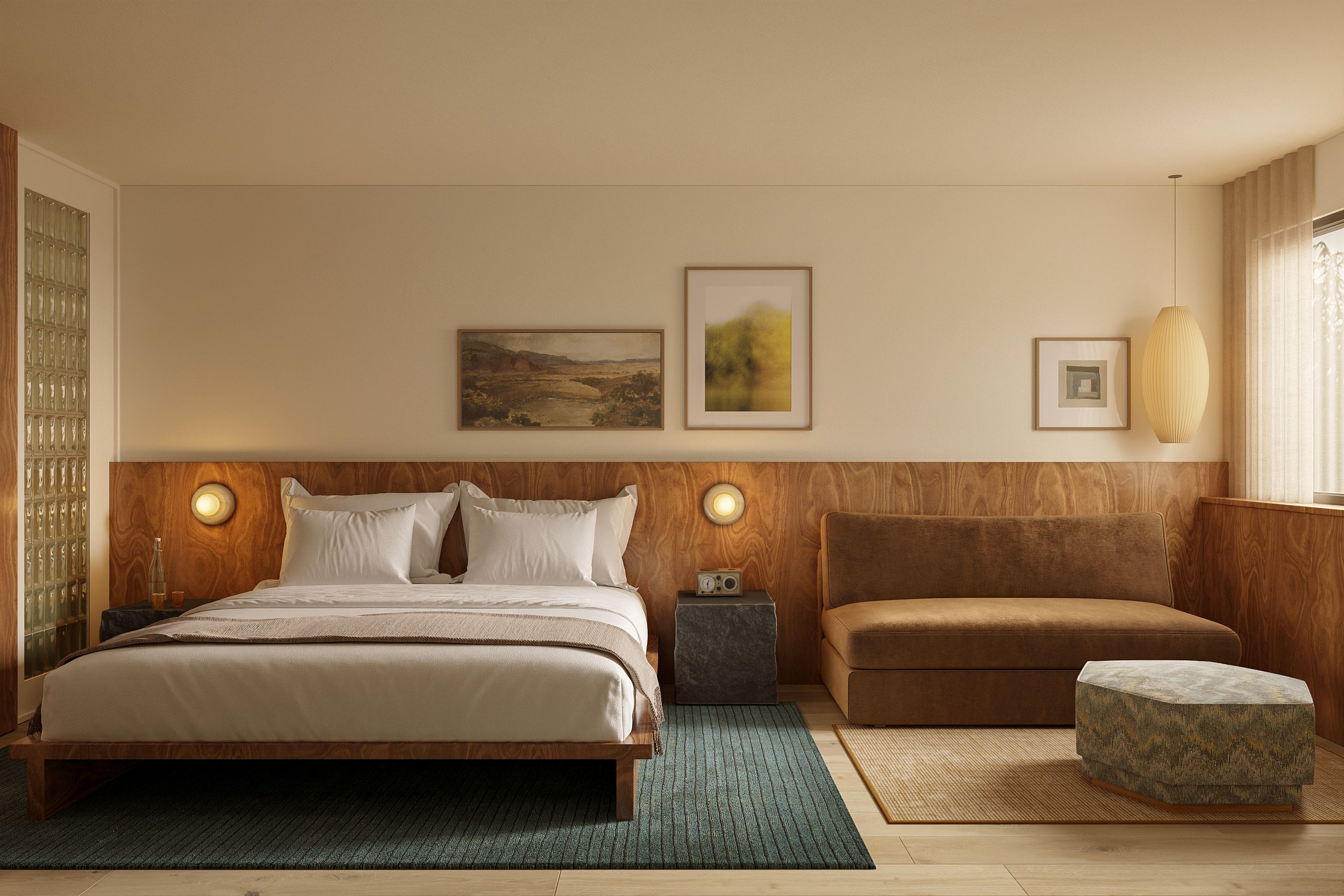 A rendering of a modern hotel room with a king bed, wood-paneled walls, a sofa seating area, and warm, minimalist décor.