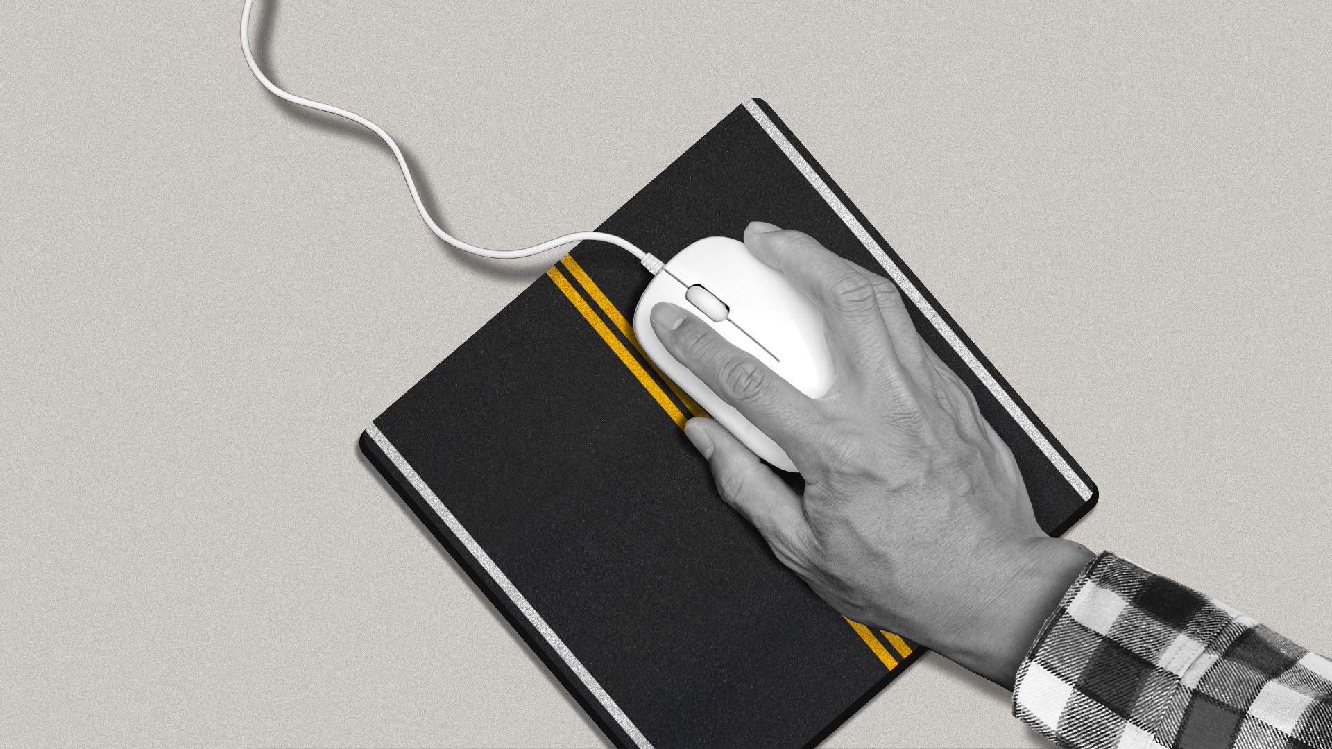 Illustration of a hand guiding a computer mouse on a highway-themed mouse pad