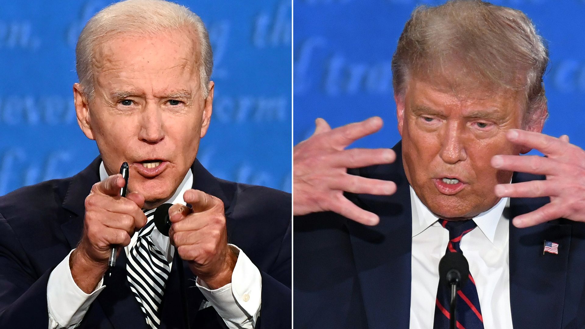 Joe Biden (left) and Donald Trump (right) gesture during the first debate