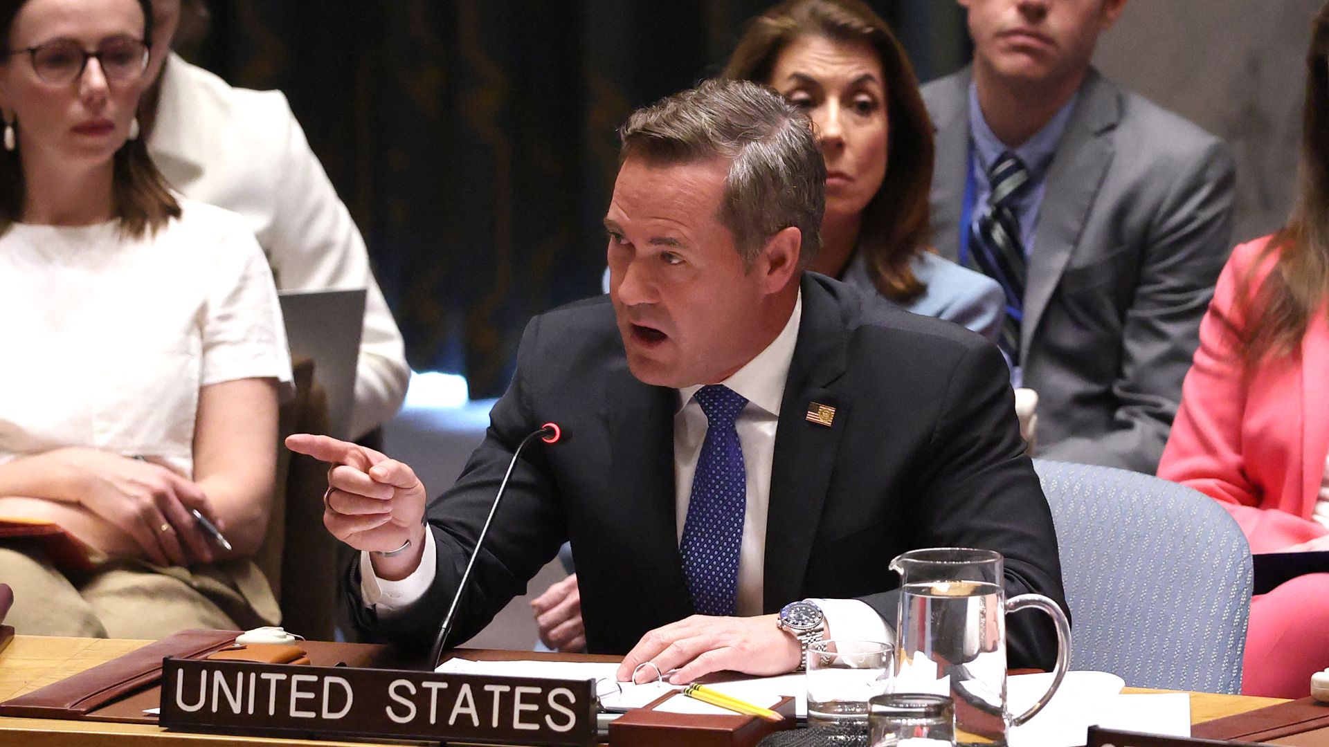 UN Ambassador Mike Waltz points a finger while making a speech at the UN.