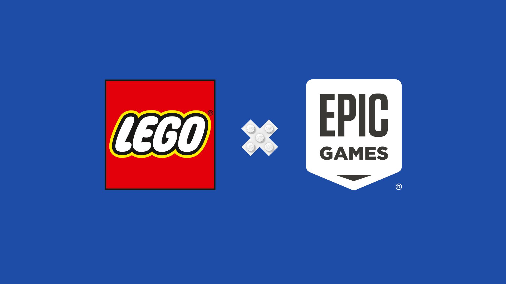 The Lego and Epic logos against a blue background with lego bricks making an X between the two logos