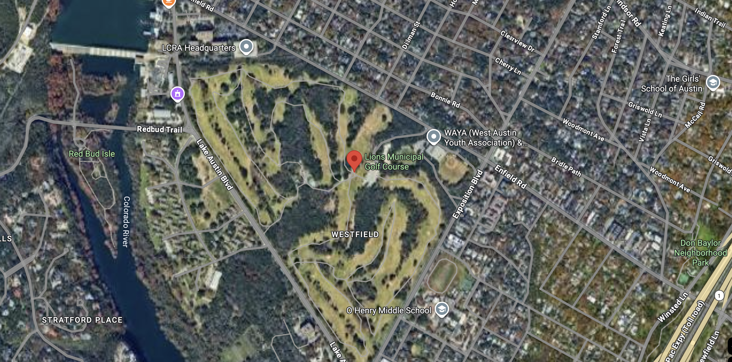 Satellite map view of West Austin featuring Lions Municipal Golf Course by Lake Austin, Red Bud Isle on the Colorado River, and surrounding streets Lake Austin Blvd, Exposition Blvd, Bridle Path.