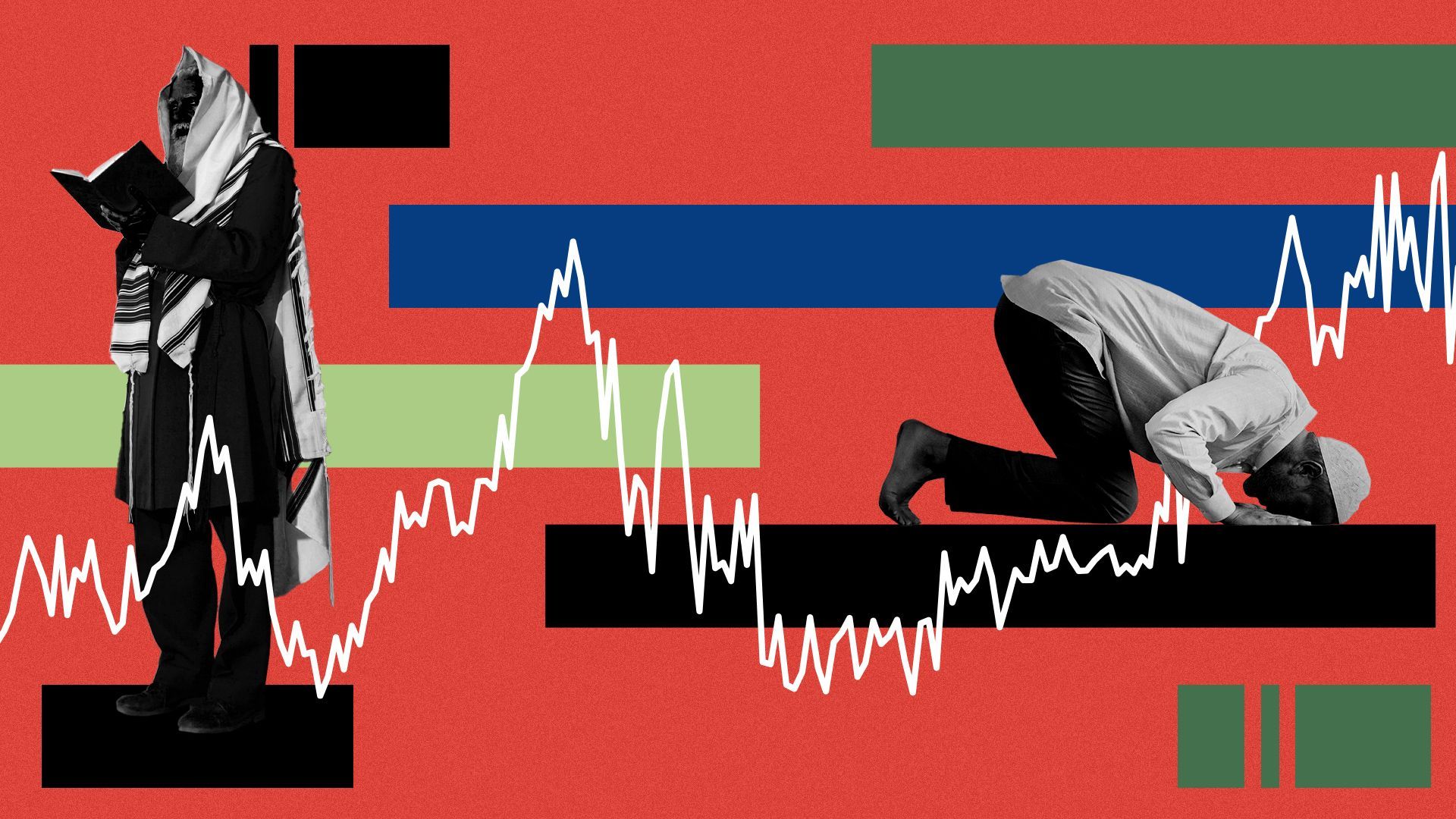 Illustrated collage of abstract vertical bars with a Jewish and Muslim person praying. 