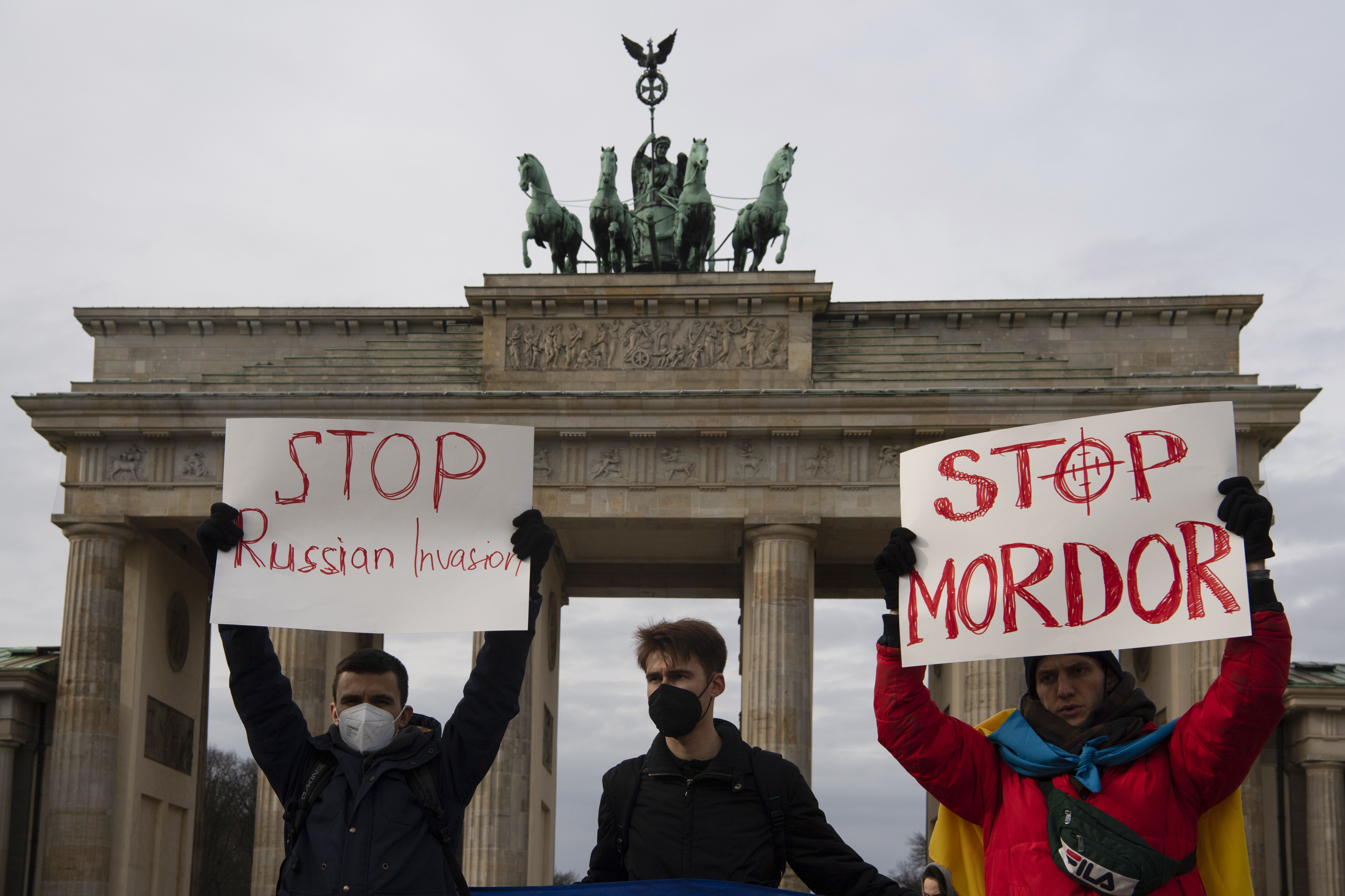 Protesters in Berlin demonstrating against Russia on Feb. 24.