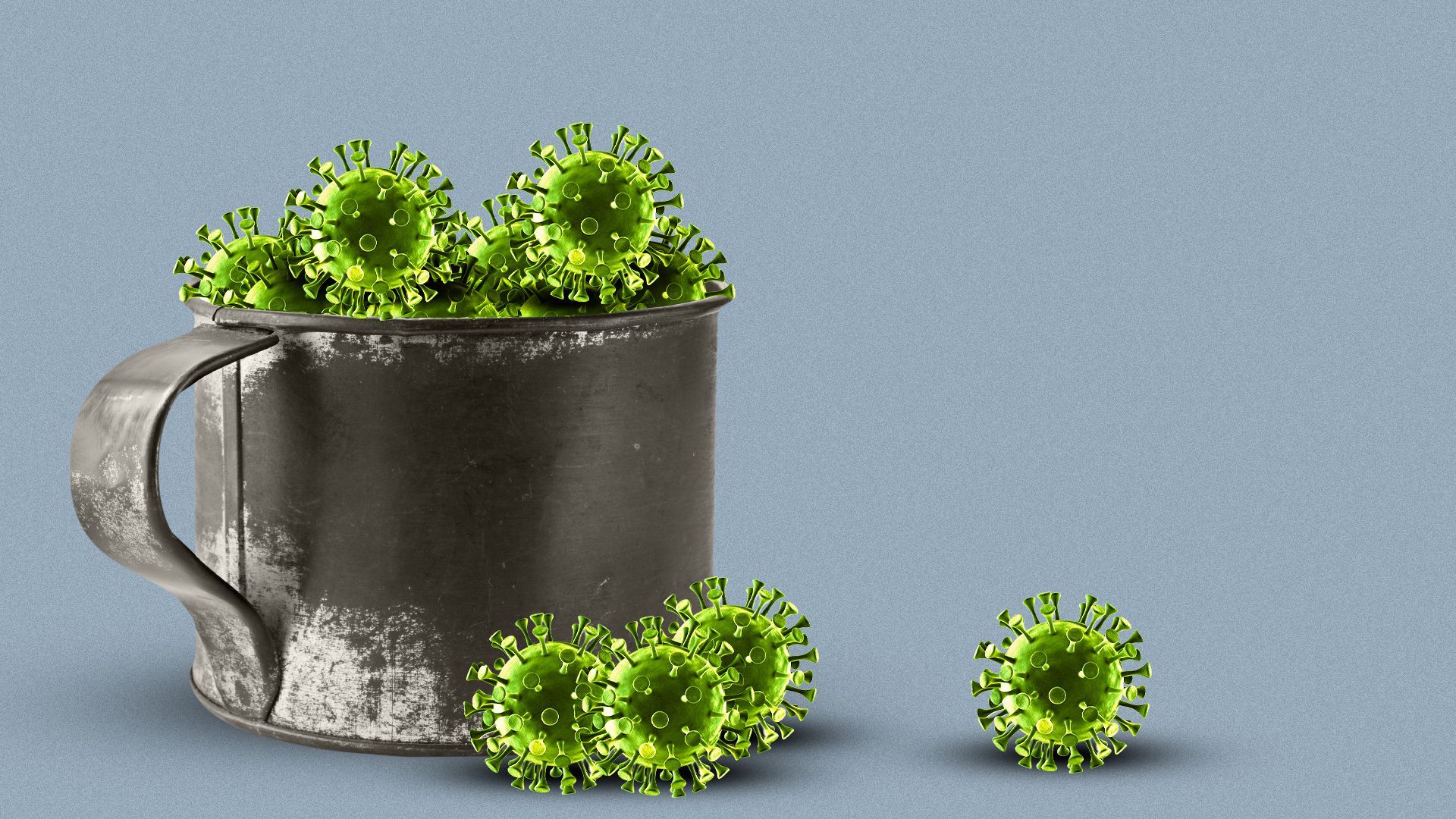Illustration of a tin cup overflowing with coronavirus cells.