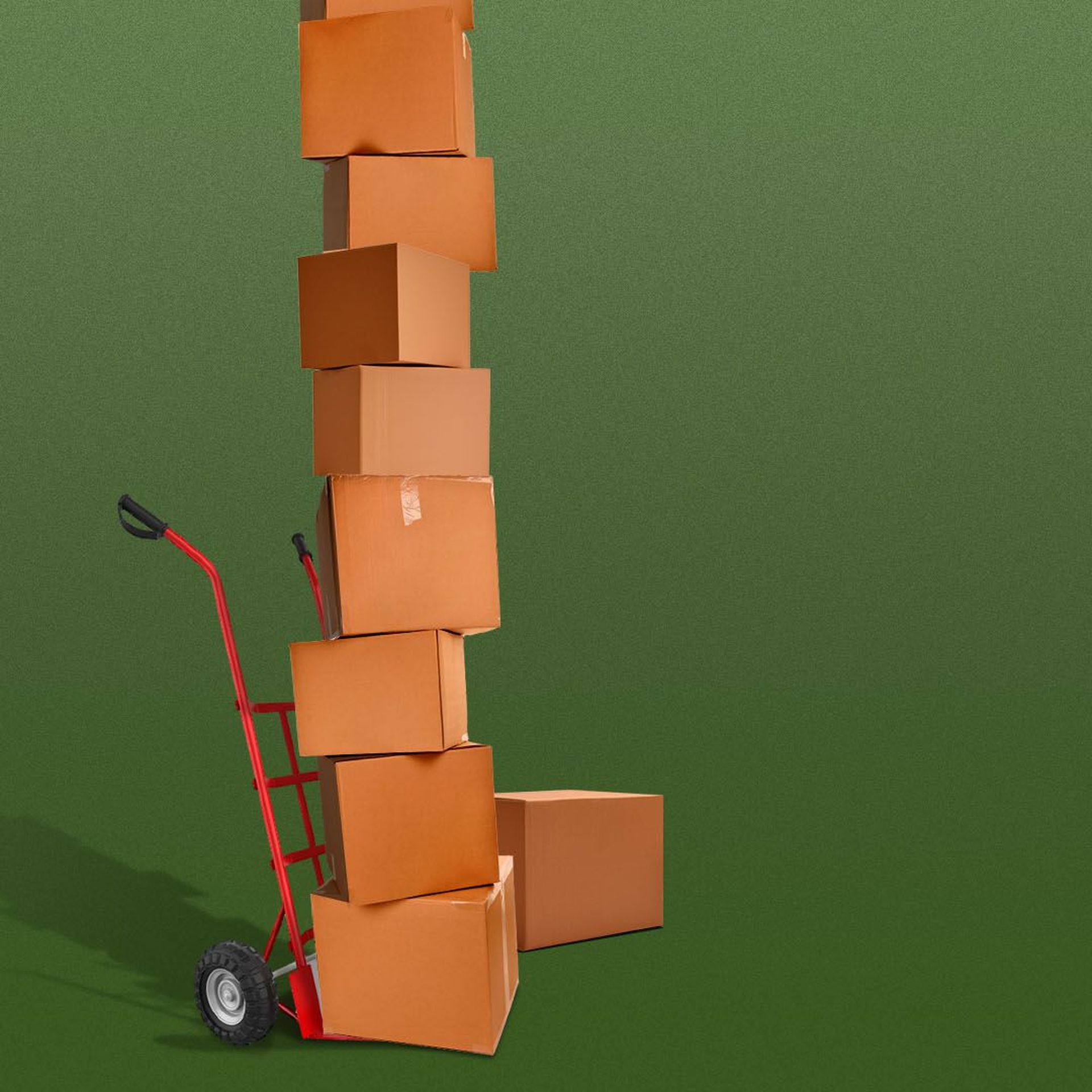 Illustration of a dolly holding a giant stack of delivery boxes