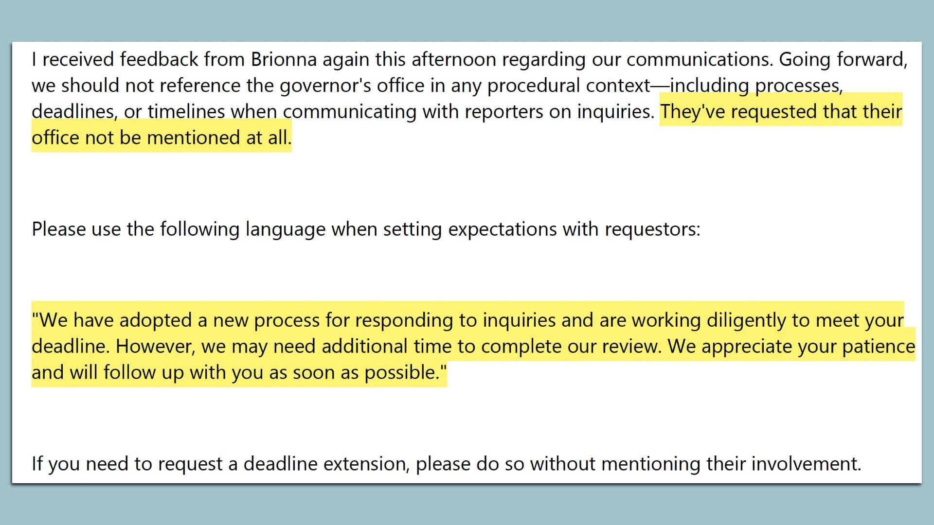 White page on blue background with black text and two yellow highlights: one noting not to mention the governor's office, the other citing a new process for handling inquiries and deadlines.