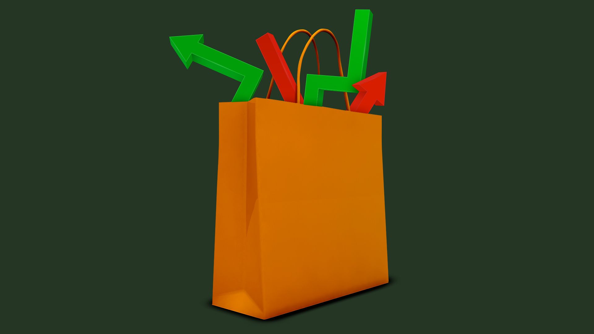 A shopping bag with red and green arrows going in various directions