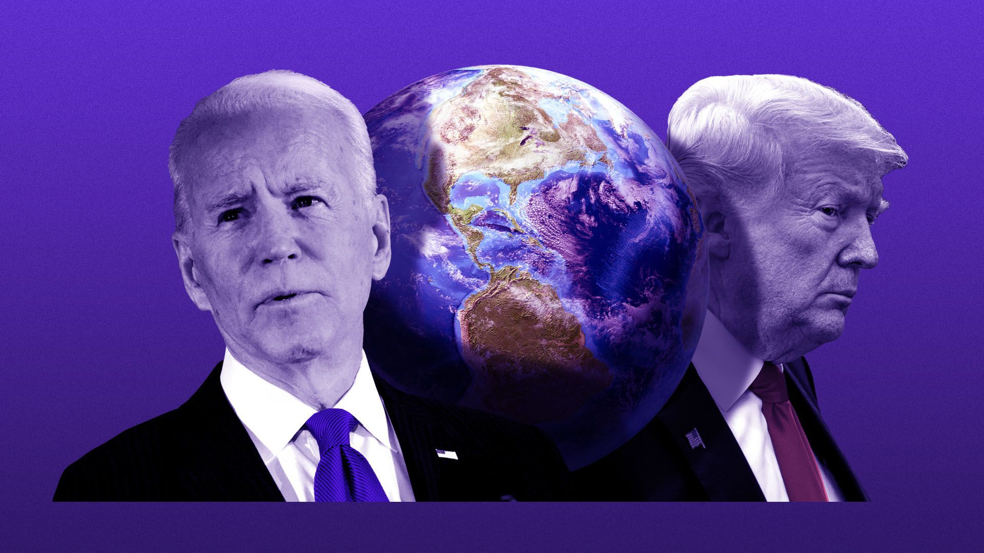 Photo illustration of Joseph Biden and Donald Trump next to a globe