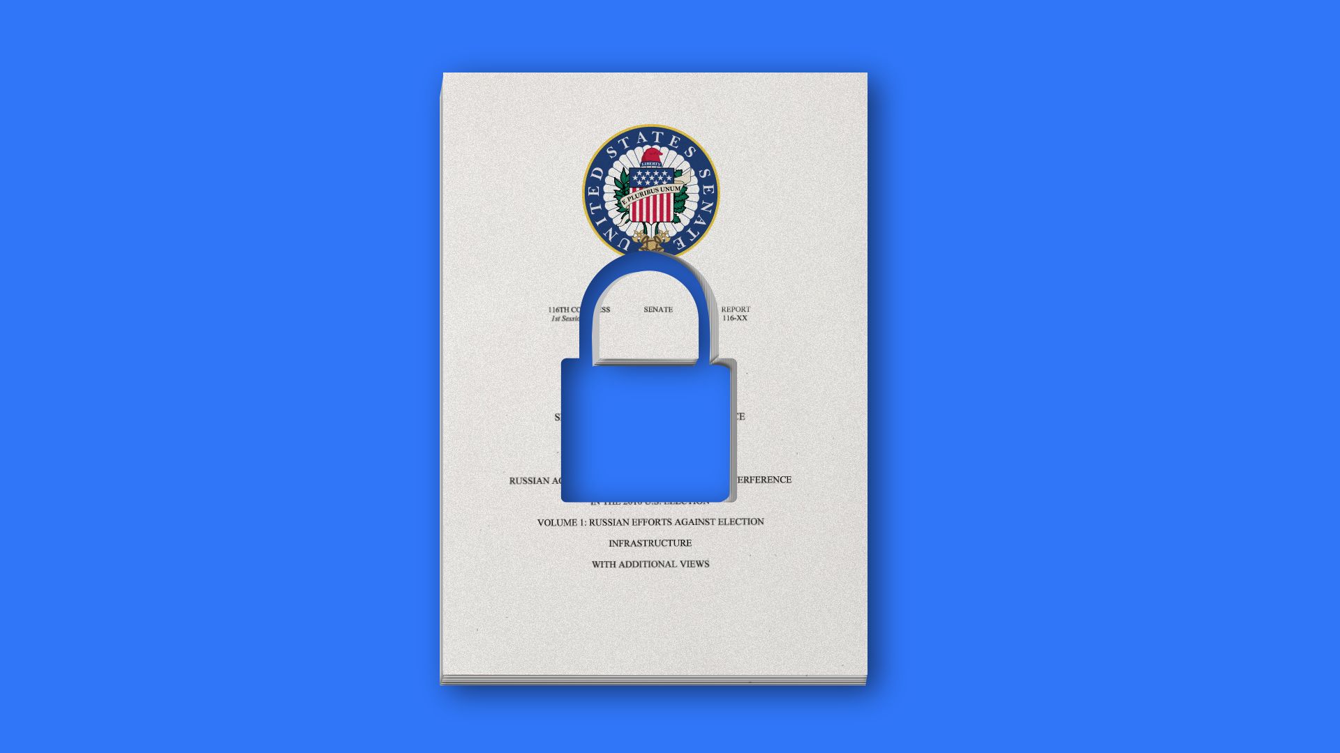 Illustration of the Senate Intel report with a hole in the center in the shape of a lock.