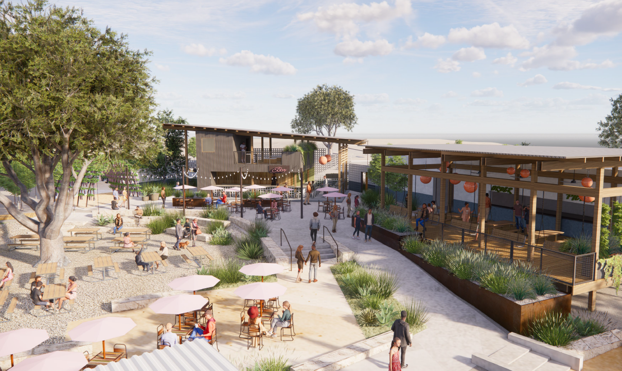 A rendering of an open air bar. 