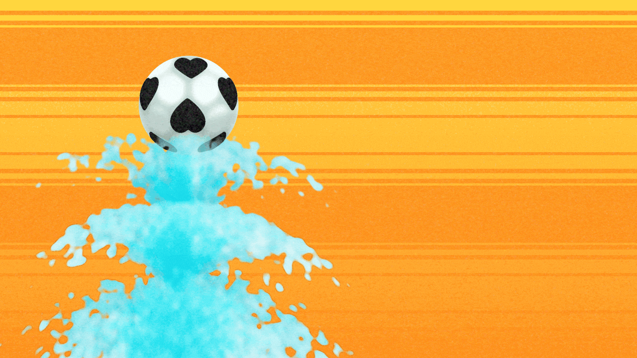 Animated illustration of a soccer ball with black hearts instead of pentagons rolling on top of a bubbling fountain of water.