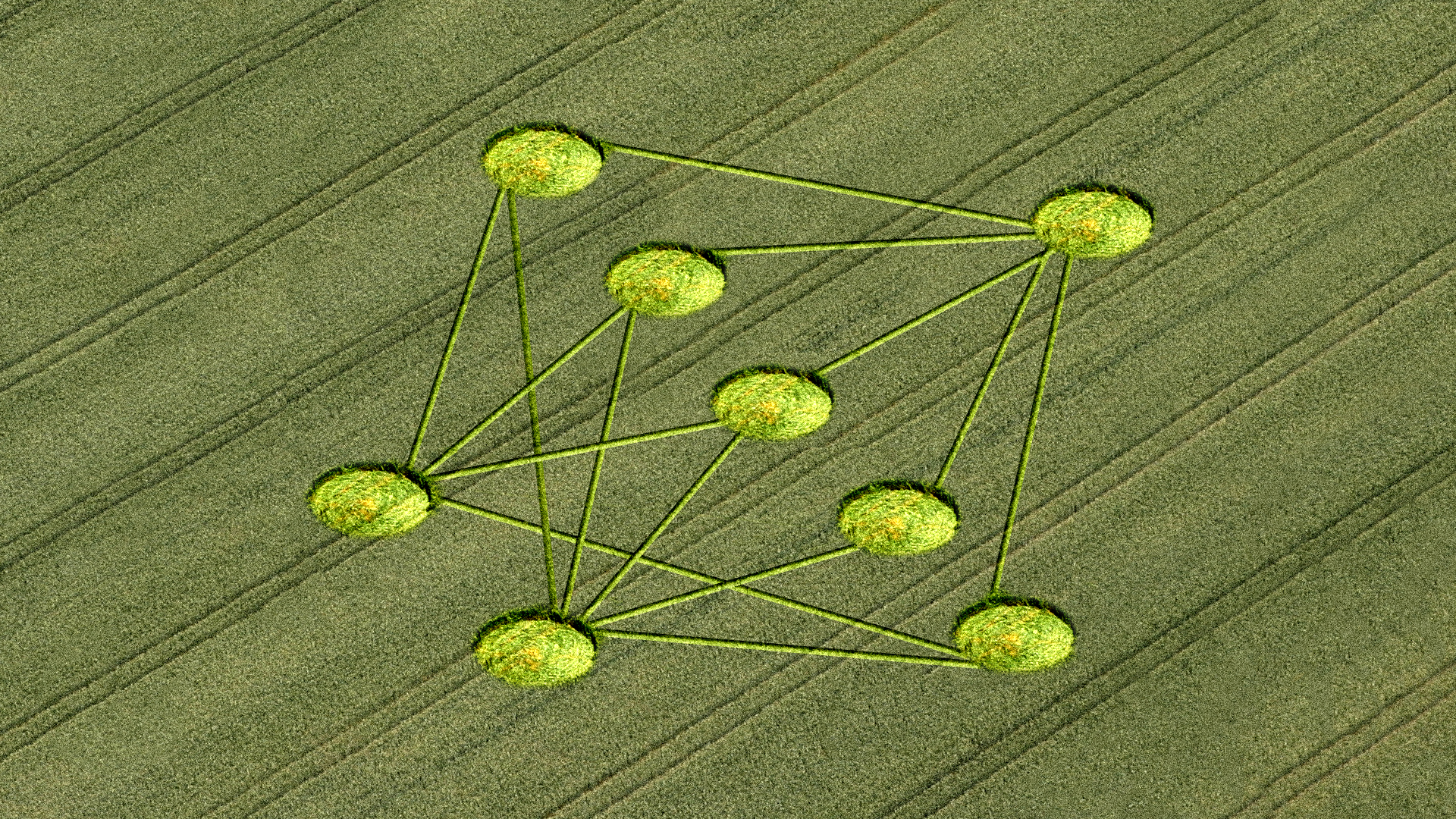 Illustration of field with nodes representing the application of AI in agriculture.