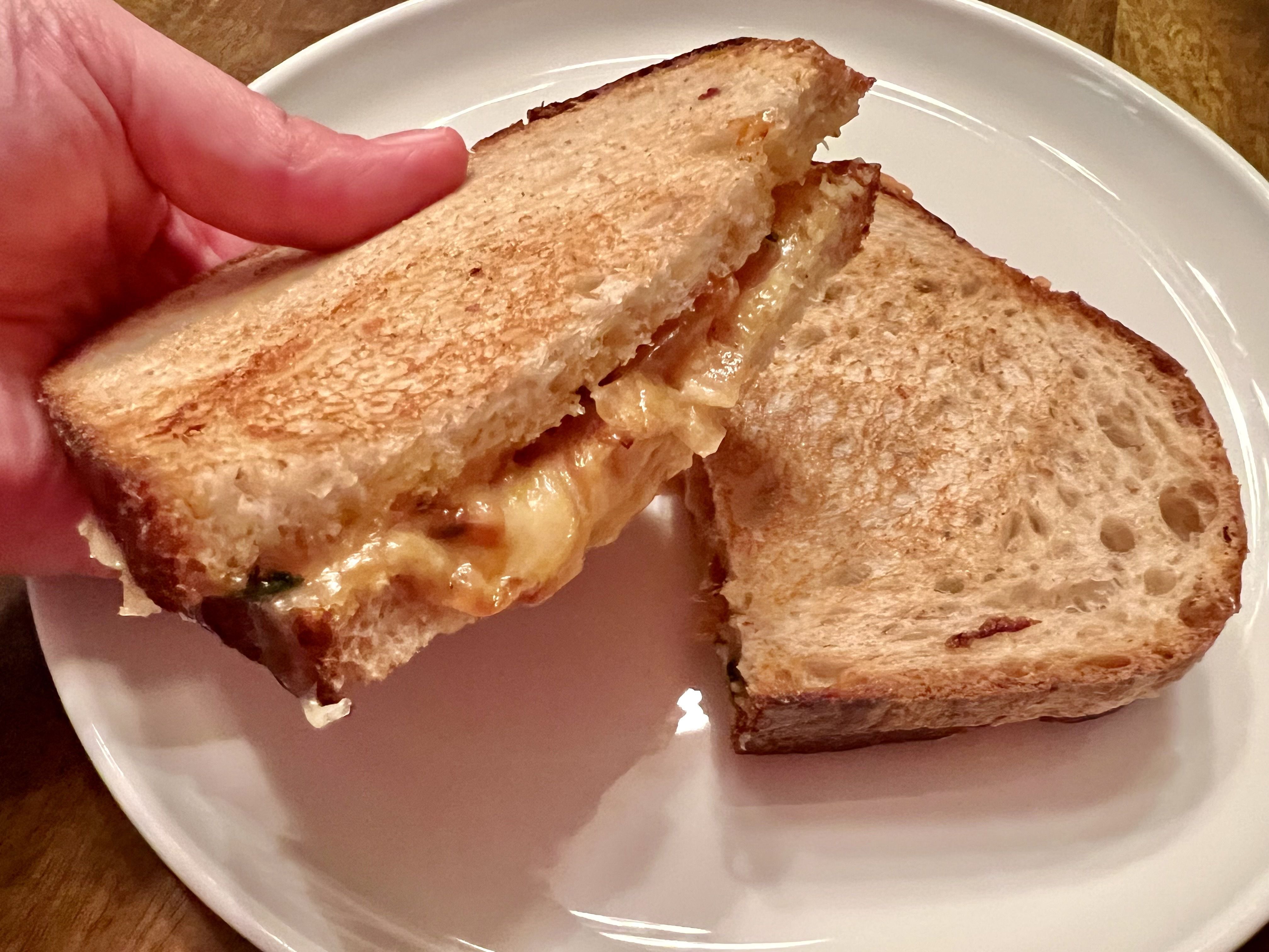 A hand holds up one half of a grilled cheese while the other half sits on a white plate.