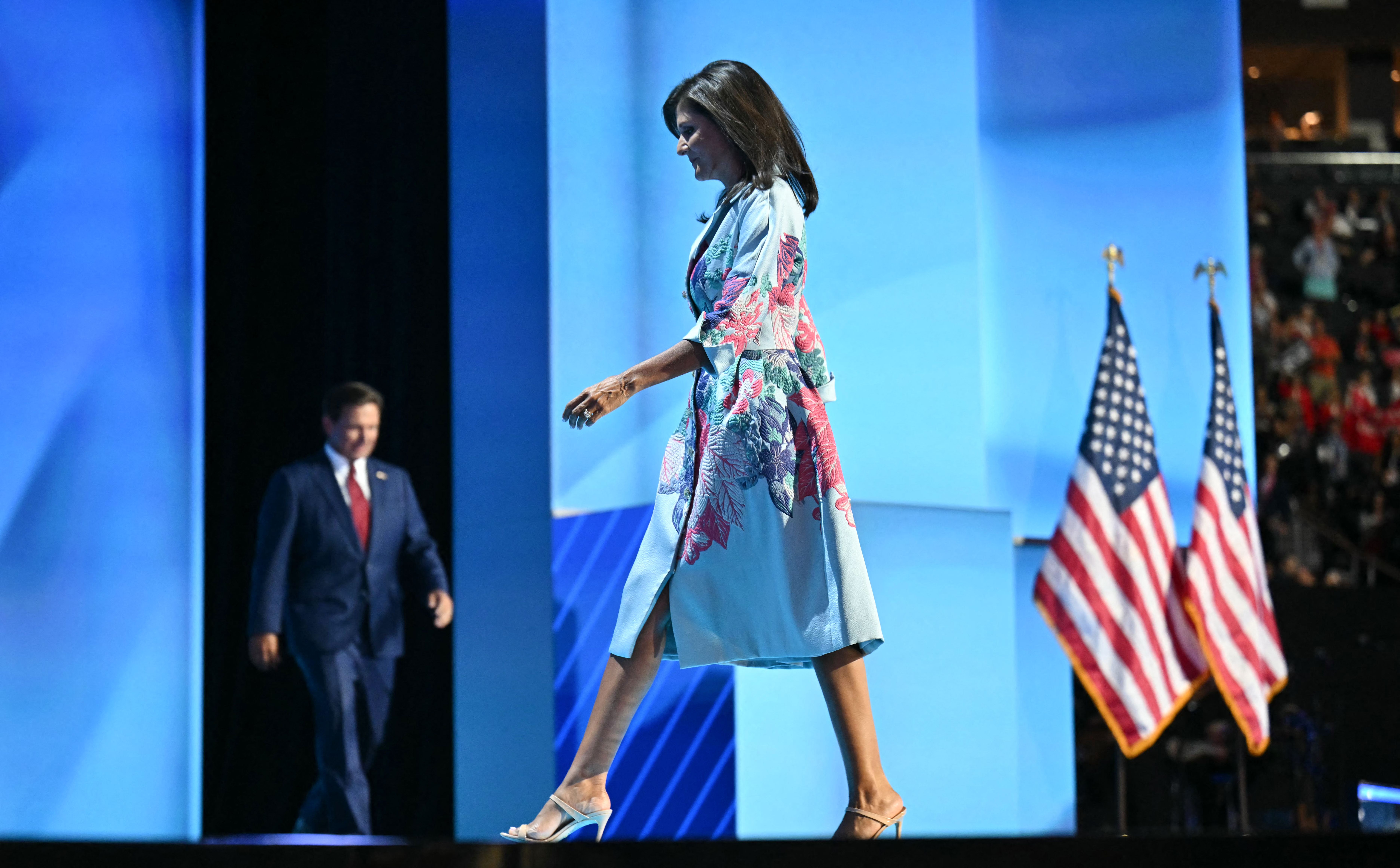 Nikki Haley crosses paths with Florida Gov. Ron DeSantis on stage at the convention last night.