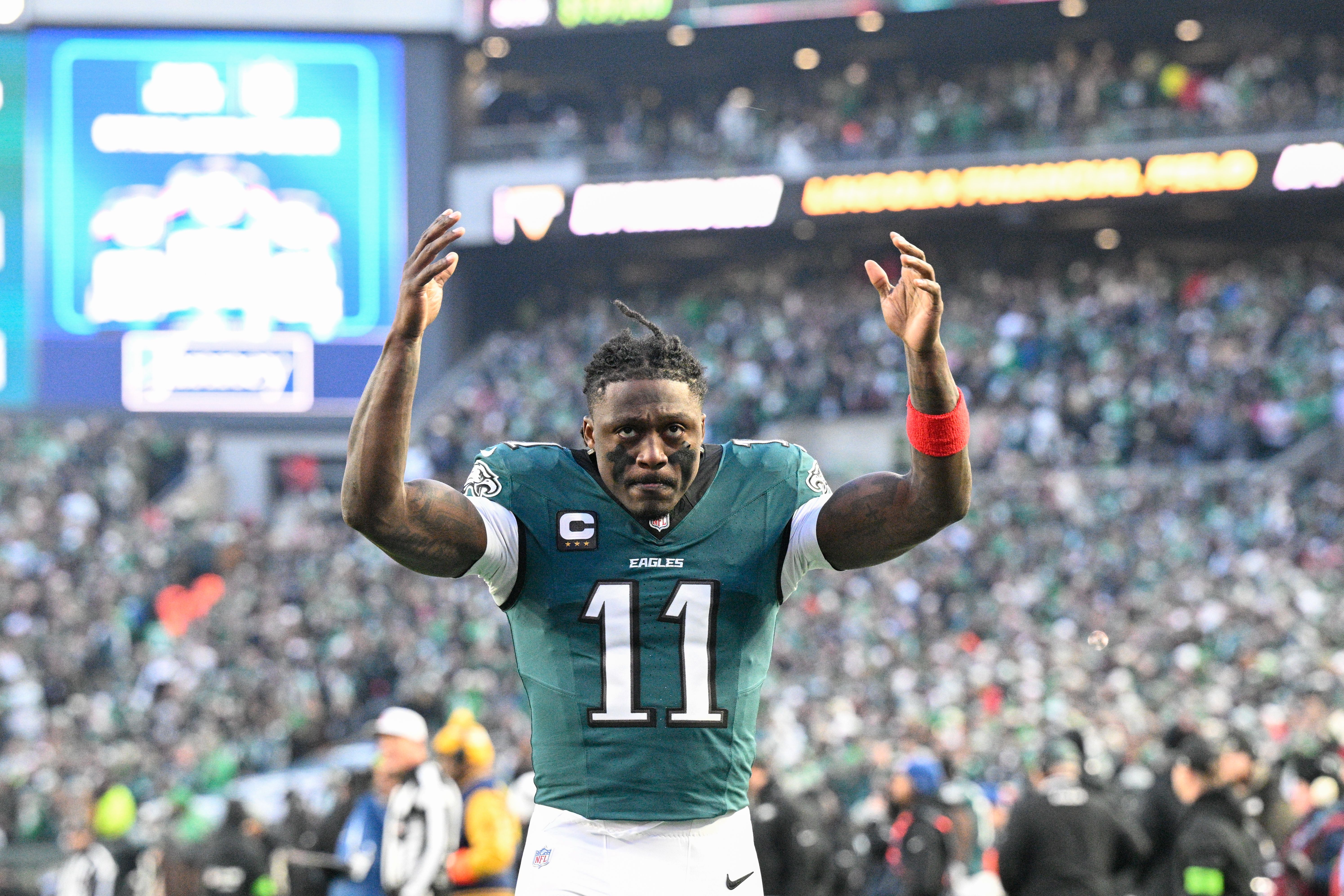 Philadelphia Eagles wide receiver A.J. Brown #11 engages the crowd during the NFL Wild Card game between the San Fransisco 49ers and the Philadelphia Eagles on January 11th, 2026 at Lincoln Financial Field in Philadelphia, PA. 