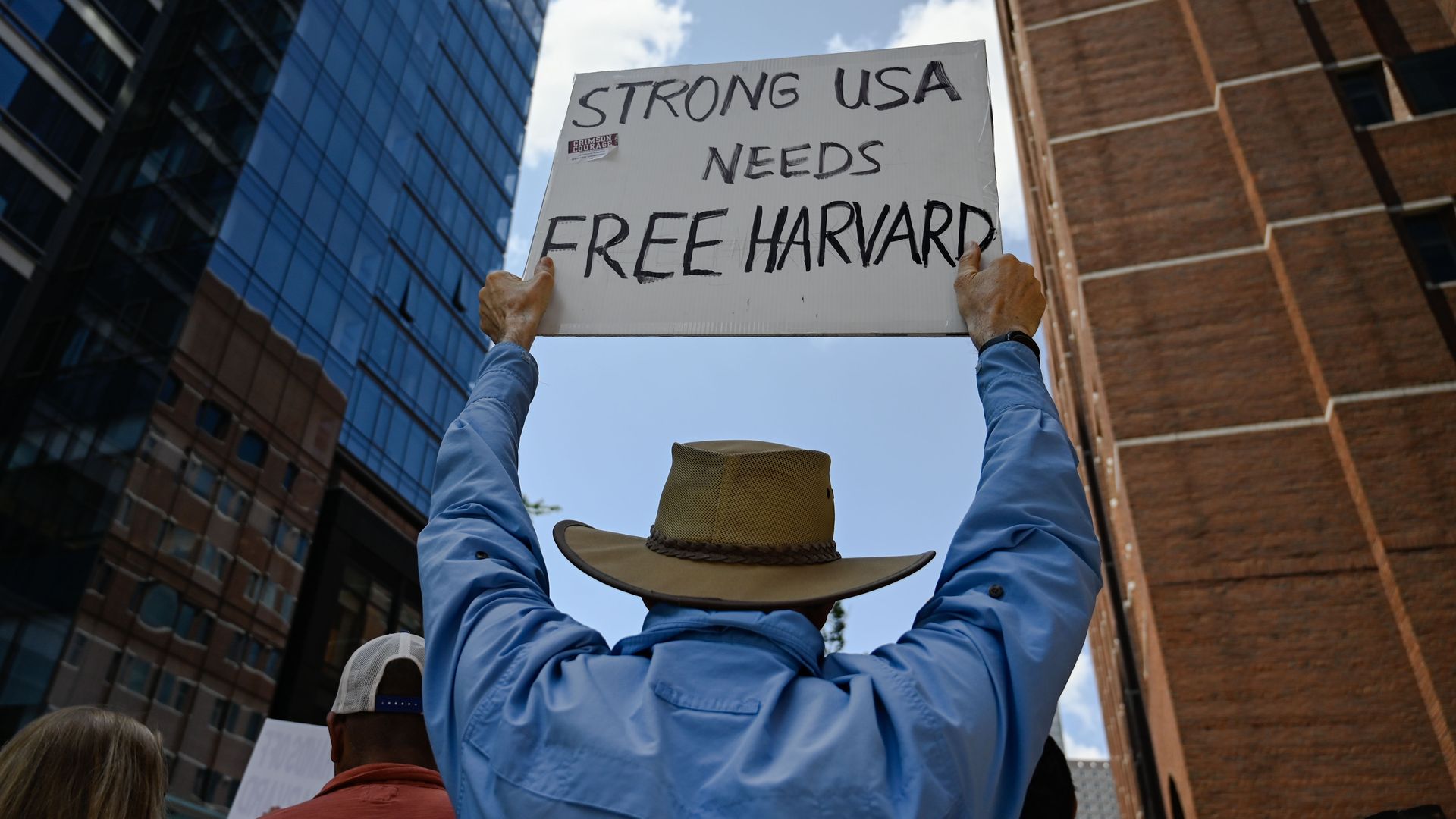 A protester wearing a tan hat holds a sign that reads "STRONG USA NEEDS FREE HARVARD."